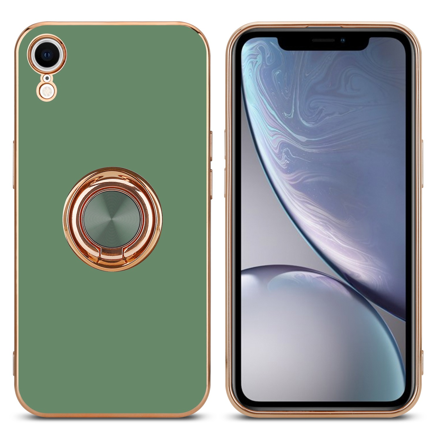 Ein Telefon mit grüner Hülle und goldenem Rahmen. Die Hülle hat einen Ringhalter.