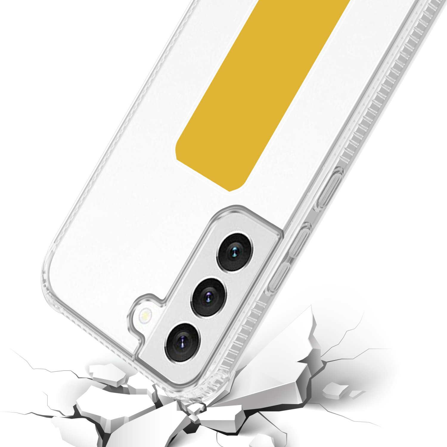 Transparente Handyhülle mit gelbem rechteckigen Design. Es ist so positioniert, als wäre es fallen gelassen worden.