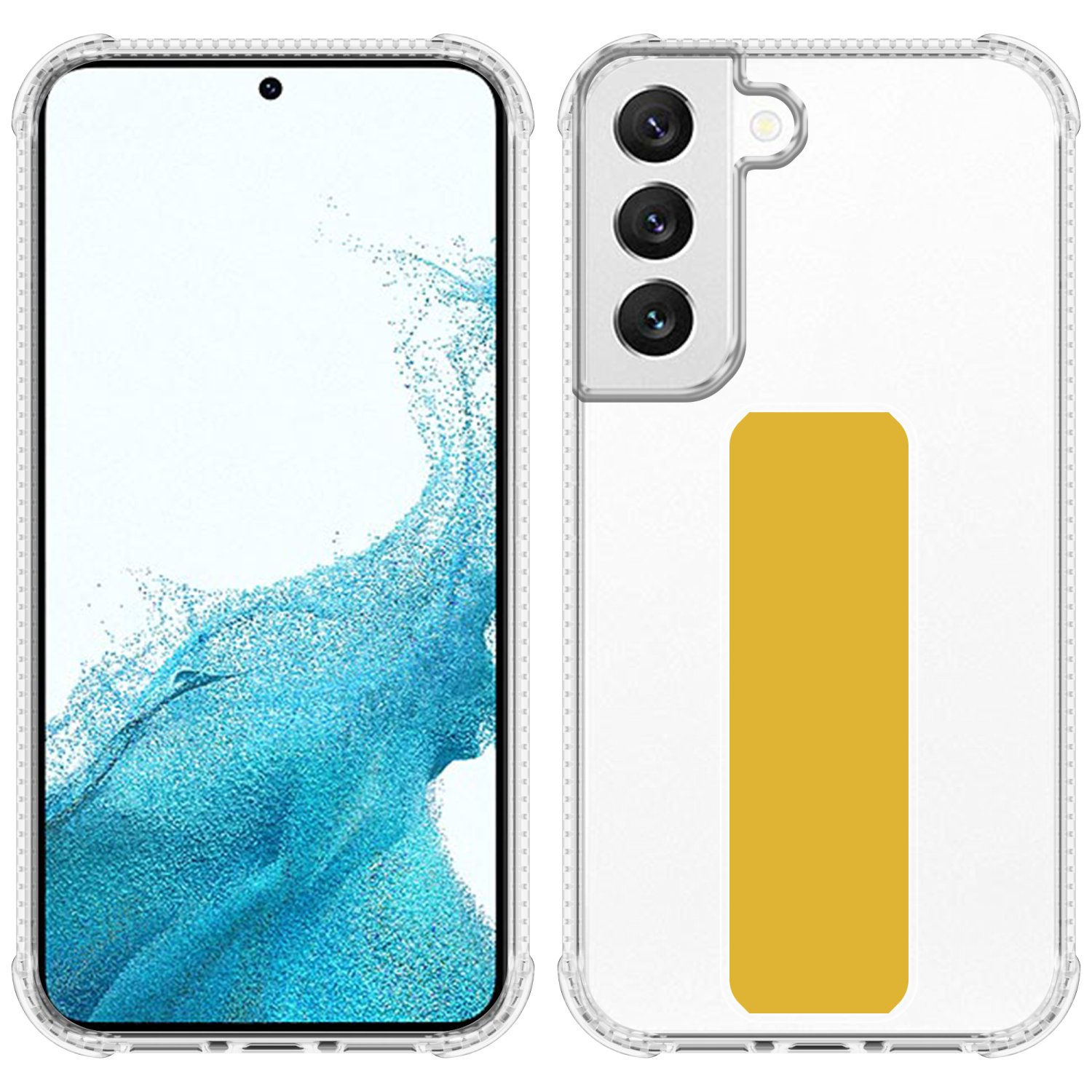 Ein Telefon zeigt zwei Seiten: vorne mit Bildschirm, hinten mit gelbem Streifen und Dreifachkamera.