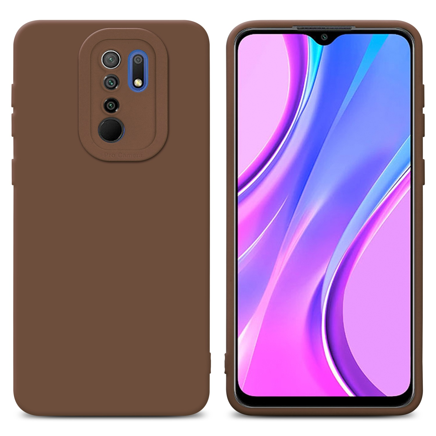 Custodia marrone per telefono con un telefono all'interno. Lo schermo del telefono è visibile, mostrando un'immagine colorata.