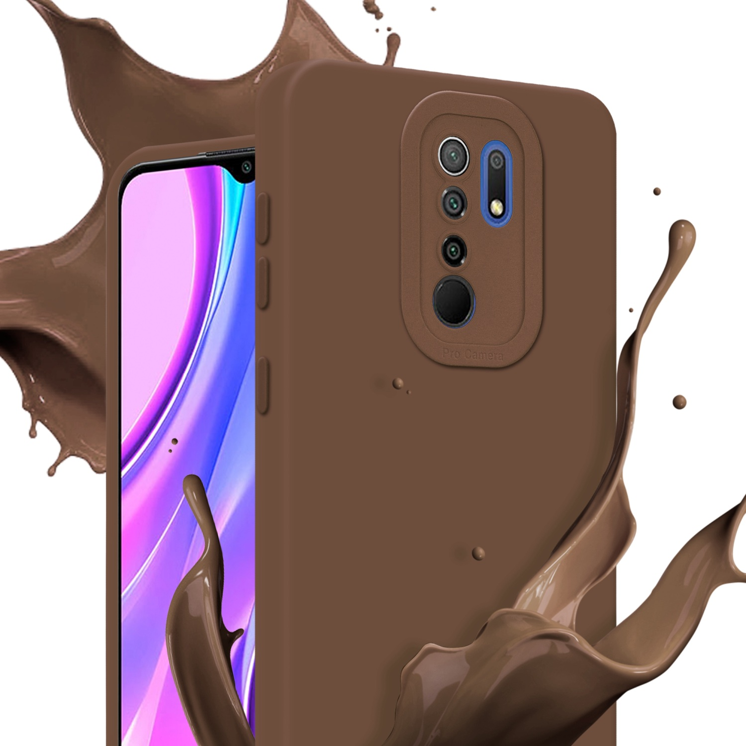 Custodia per telefono marrone con uno schizzo di vernice marrone. La custodia ha un rilievo per la fotocamera.