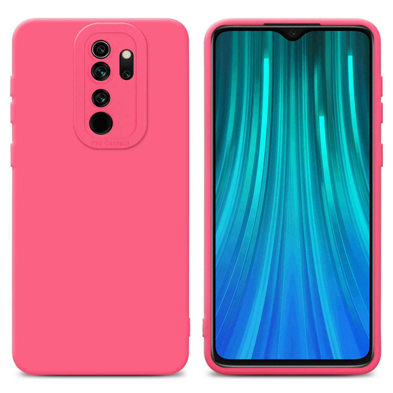 Custodie rosa per telefono, una con il telefono dentro, l'altra con il modulo fotocamera visibile.