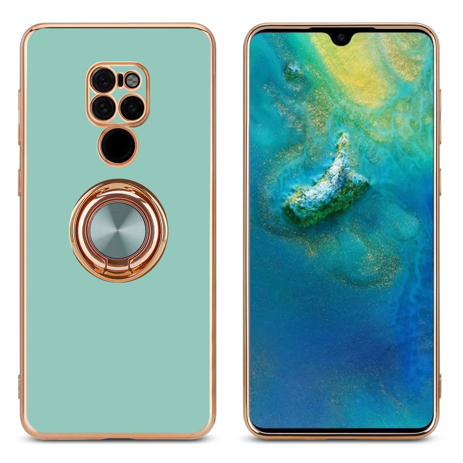 Handyhülle mit Ringhalter, grüne und goldene Farben. Telefonbildschirm sichtbar.