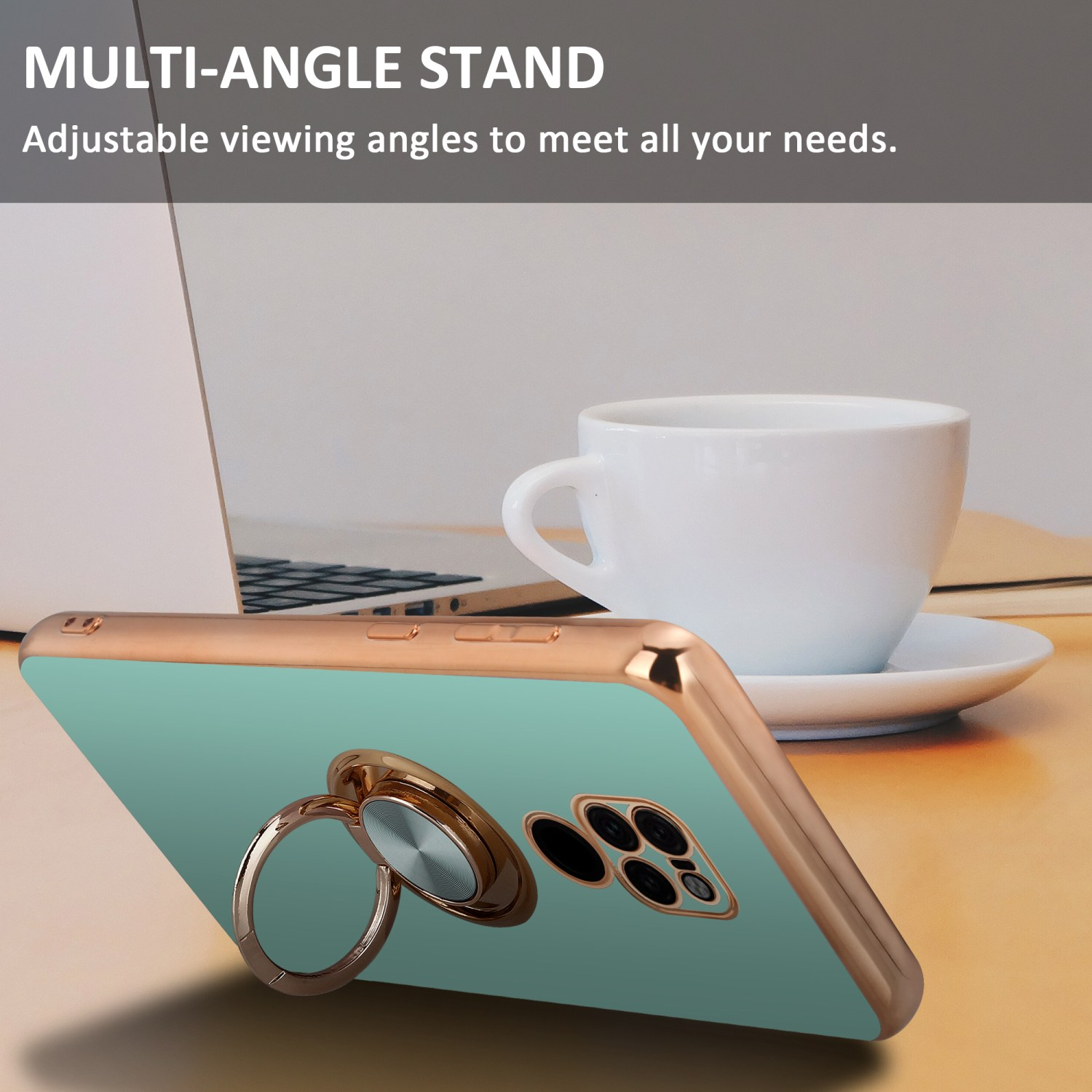 Handyhülle mit Ringhalter auf einem Schreibtisch. Tasse und Laptop im Hintergrund. Text: Multi-Winkel-Ständer.