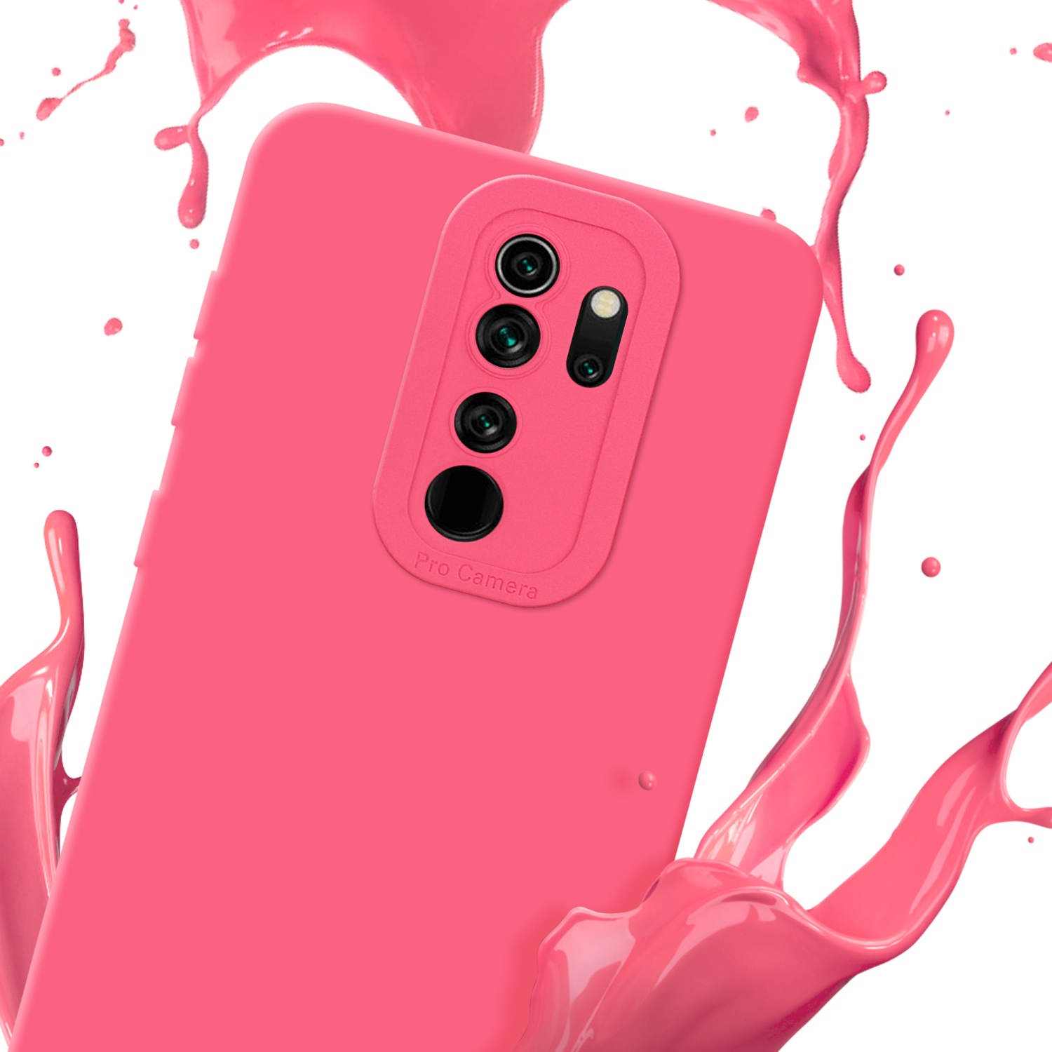 Custodia per telefono rosa con spruzzi di vernice, mostra il design della fotocamera.