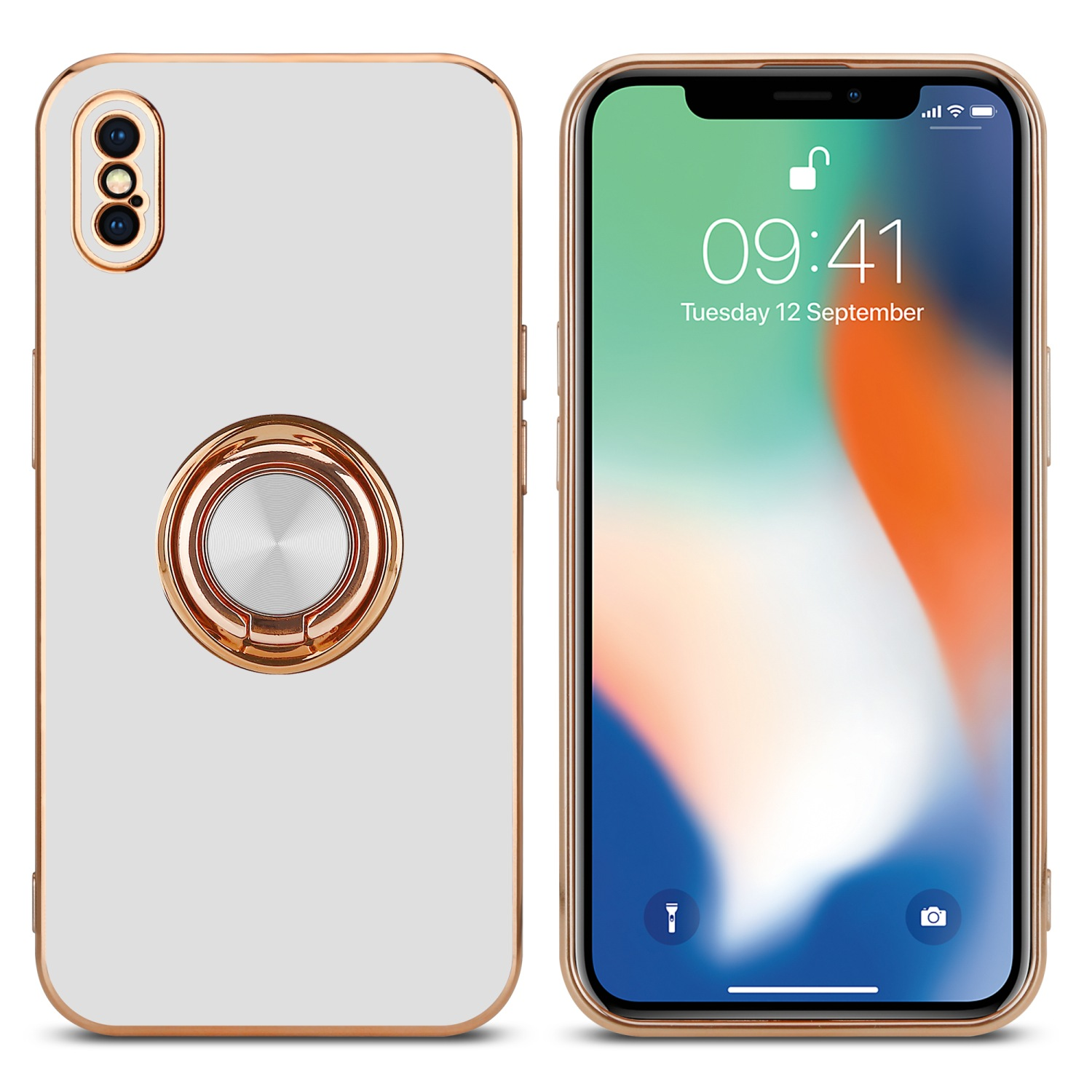 Zwei Telefone, eines mit weißer Rückseite, goldenem Ring und Gehäuse, ein anderes mit Startbildschirm.