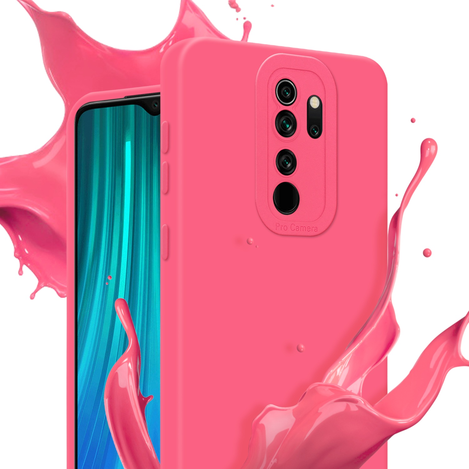 Una custodia per telefono rosa con un telefono all'interno. Schizzi di vernice rosa intorno alla custodia.
