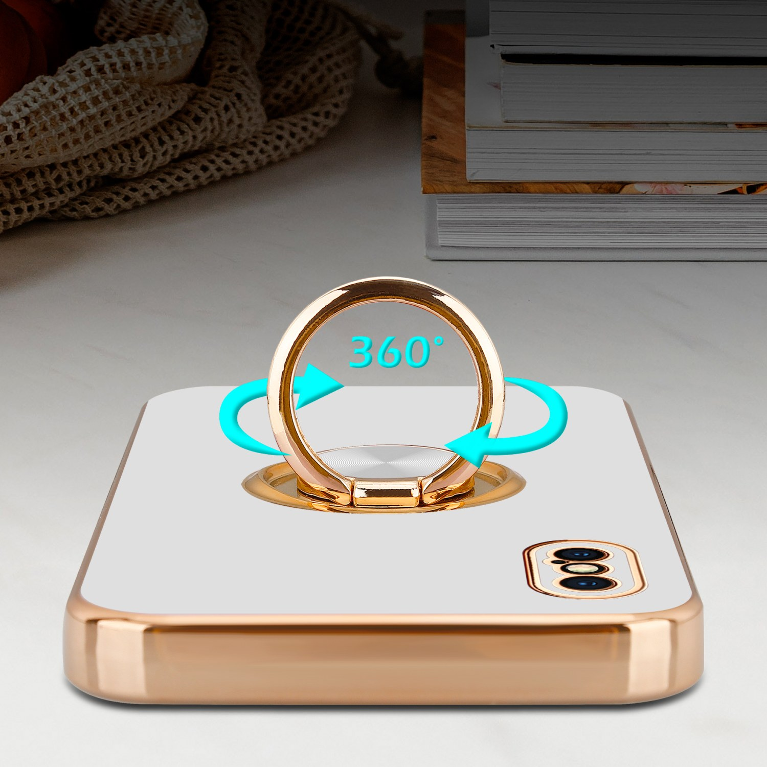 CADORABO Hülle mit Glossy und magnetischer Gold - MAX, Kameraschutz Backcover, iPhone Autohalterung, Weiß Apple, XS