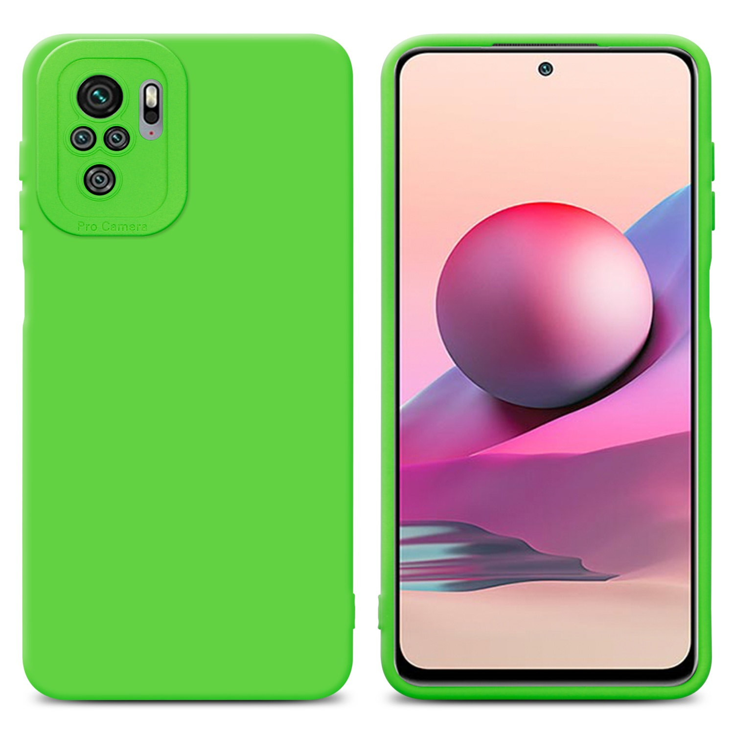 Due custodie verdi per telefono. Una mostra lo schermo con una sfera rosa e viola.