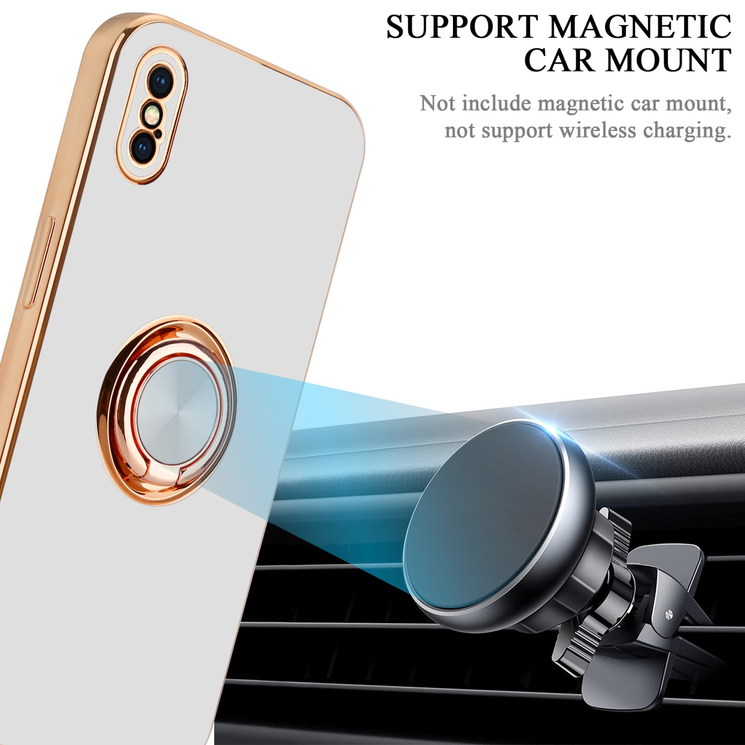Weißes Telefon mit goldenem Ring, neben einer magnetischen Autohalterung.
