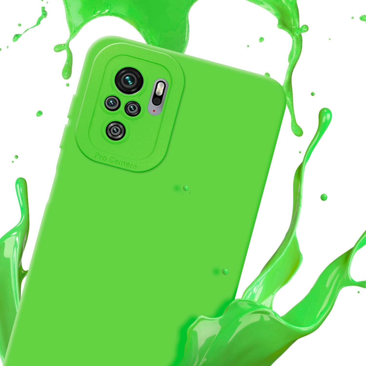 Una custodia verde per telefono con lenti Pro Camera, con vernice verde schizzata intorno su sfondo bianco.