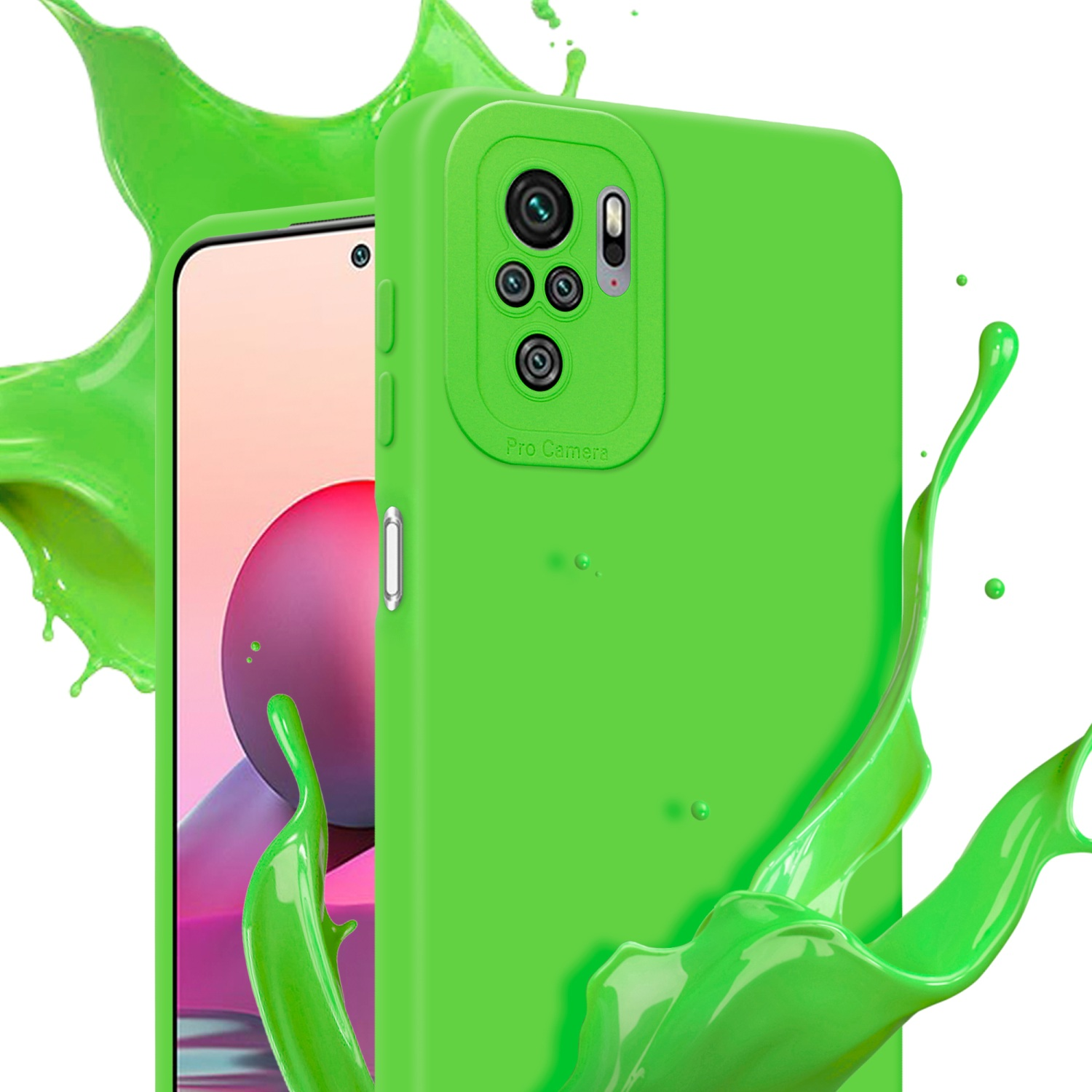Custodia verde con schizzo verde. Tripla fotocamera. Il telefono ha uno schermo viola.