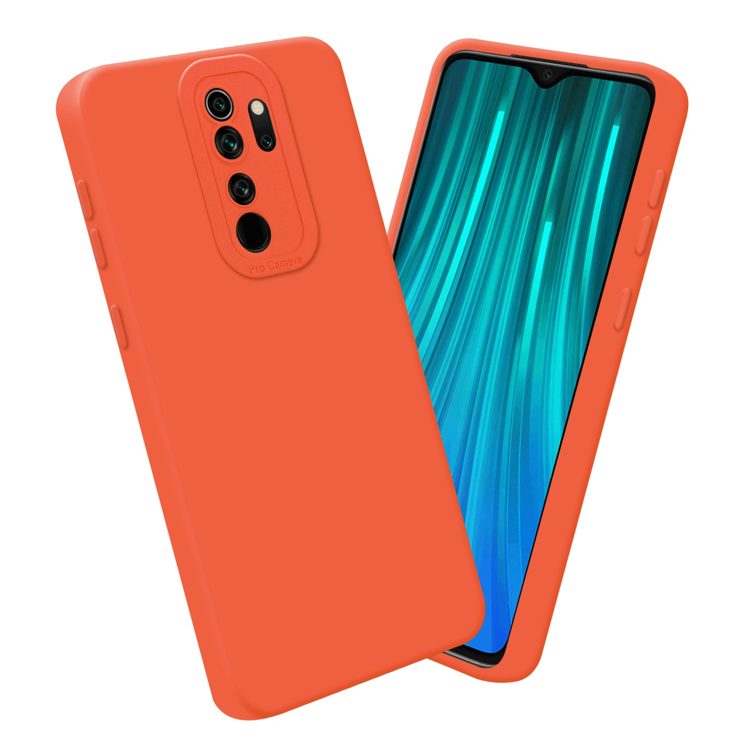 Custodia arancione per telefono con telefono, fotocamera e schermo.