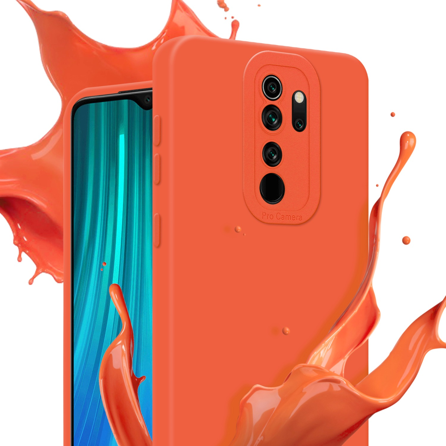 Custodia arancione per telefono con smartphone all'interno. Effetto spruzzo arancione. Etichetta Pro fotocamera.