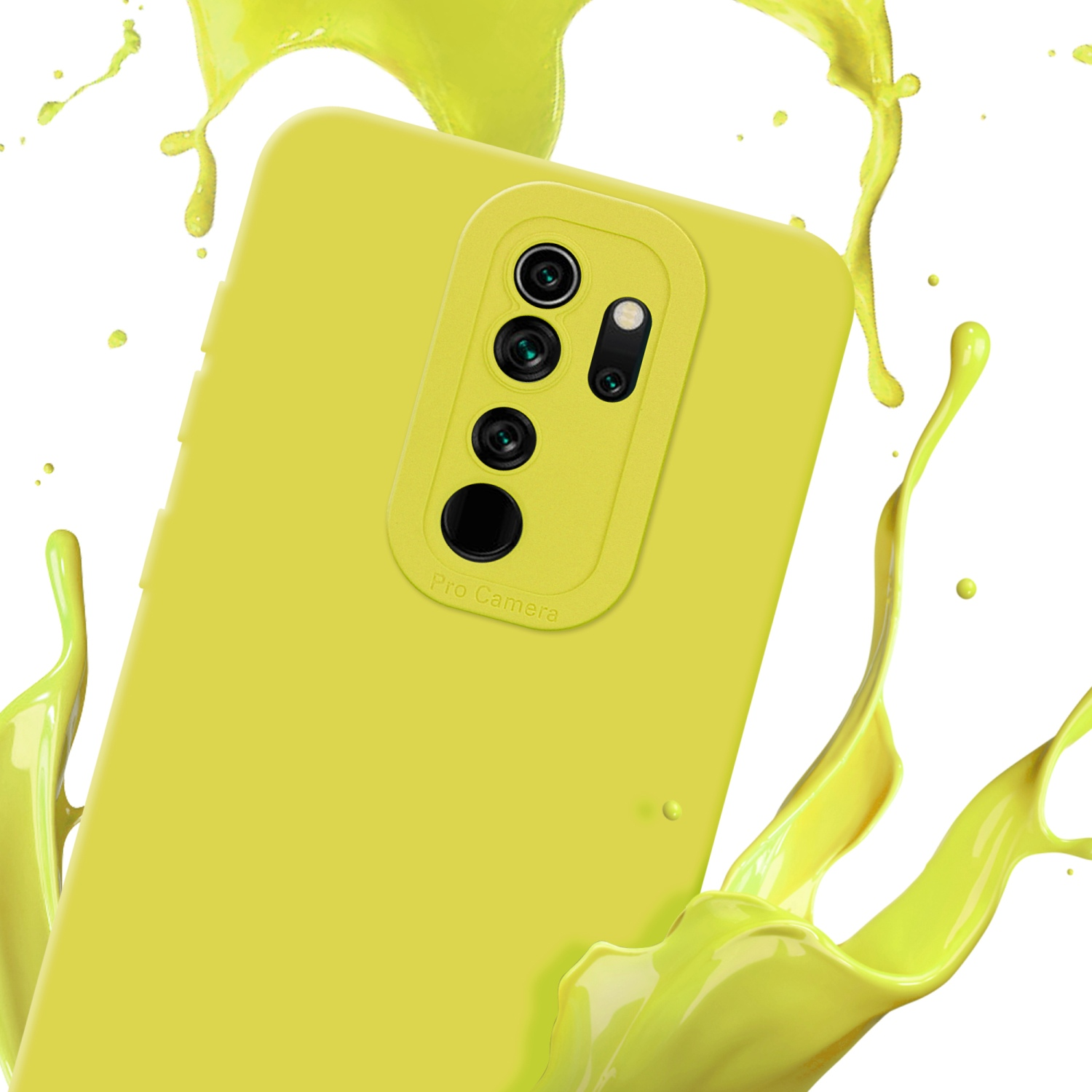 Custodia per telefono verde lime con rialzo della fotocamera. Schizzo di vernice gialla sullo sfondo. Il telefono è su sfondo bianco.
