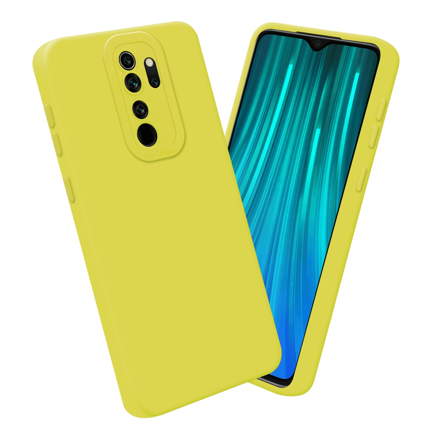 Custodia gialla accanto a un telefono con schermo giallo e blu.