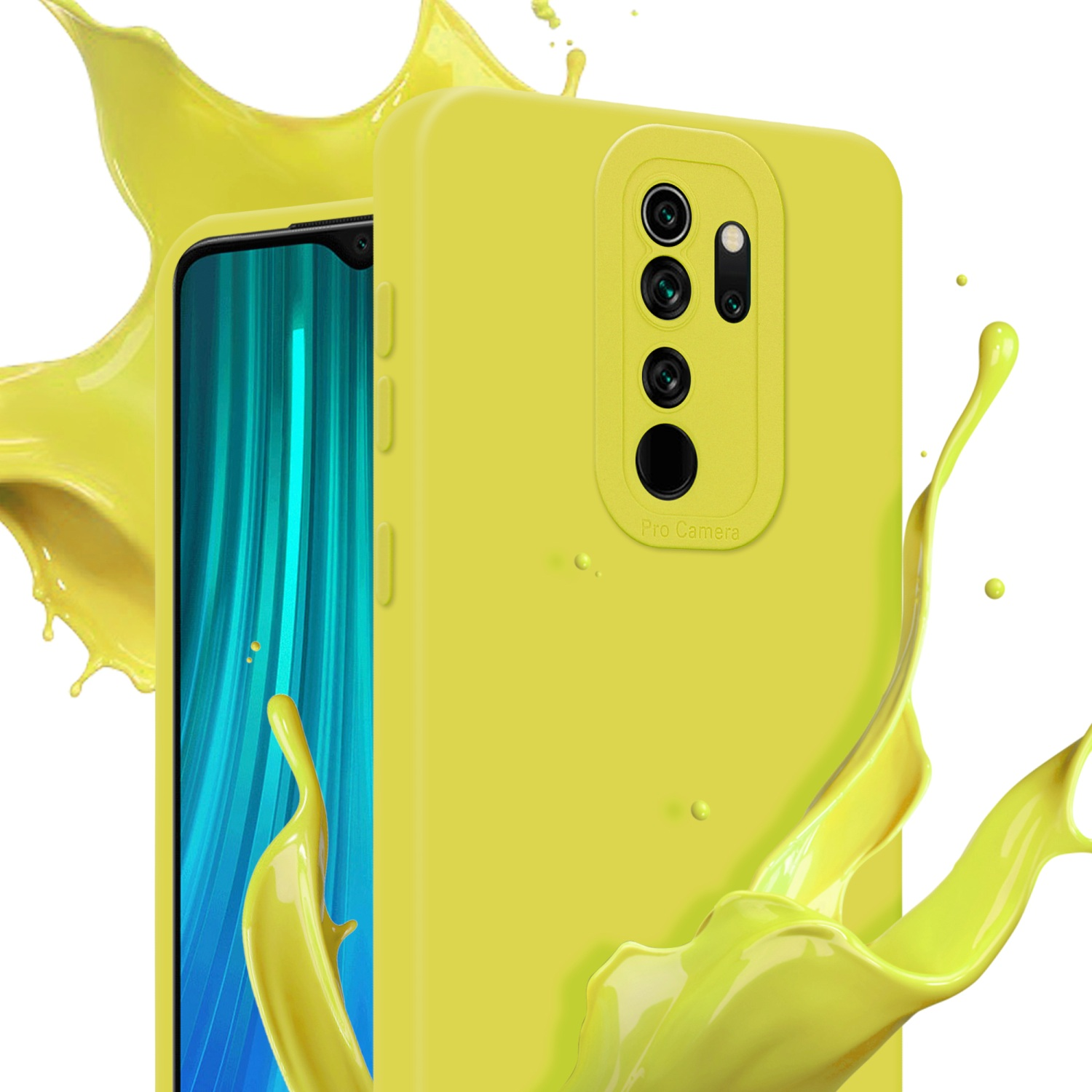 Custodia per telefono gialla con un telefono all'interno e spruzzi di liquido giallo intorno.