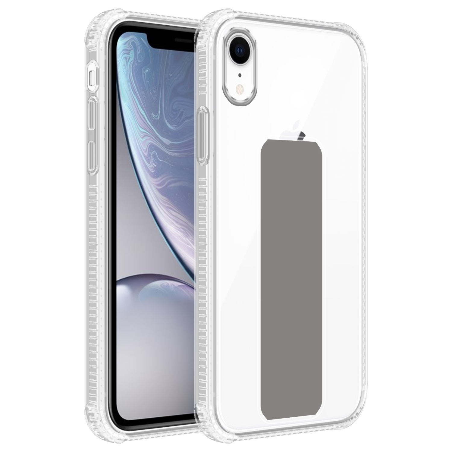 Transparente Handyhülle auf einem Telefon. Telefon hat einen Bildschirm. Klare Hülle mit grauem Rechteck.