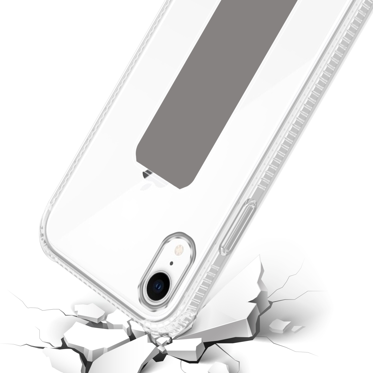 Eine transparente Handyhülle auf einer Oberfläche. Die Hülle ist gerissen, mit Steinen und weißem Hintergrund.