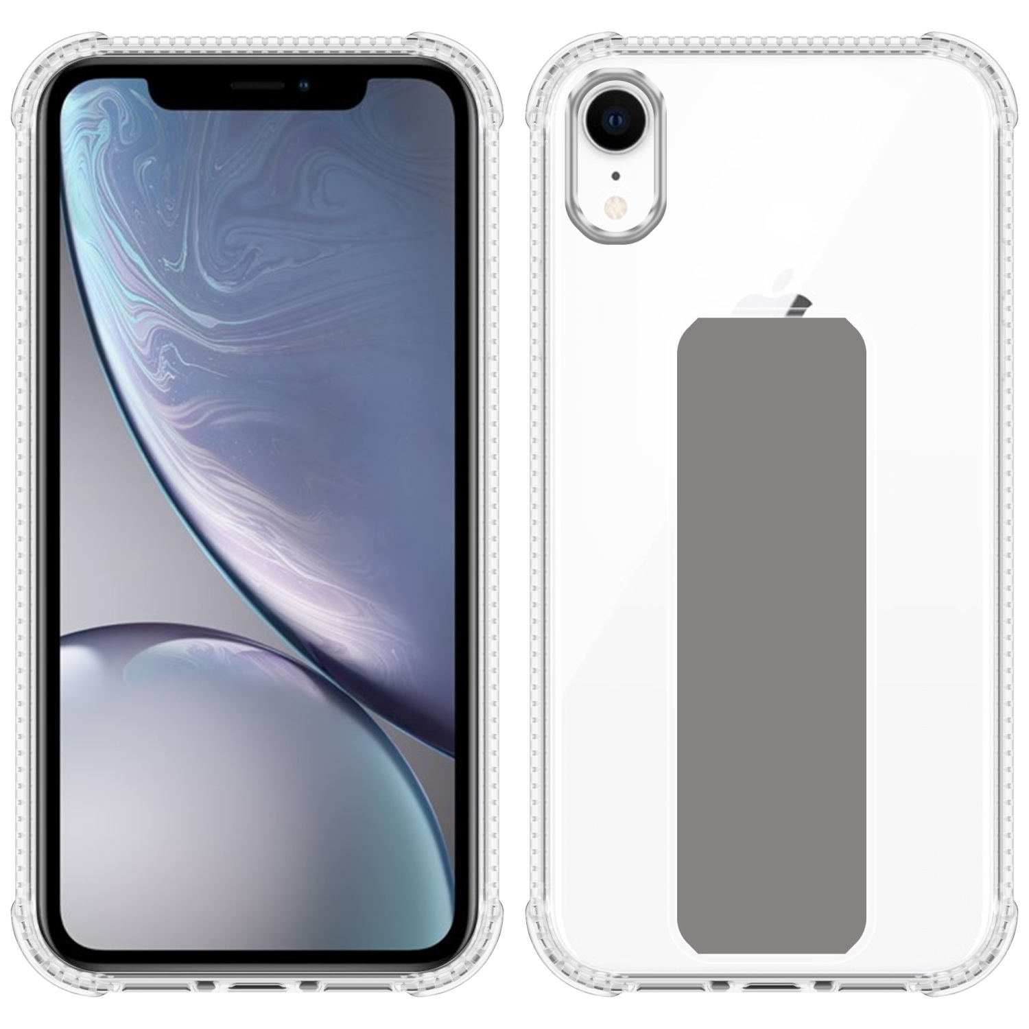 Transparente Handyhülle mit schwarzem Telefon. Die Handyhülle hat einen weißen Rahmen.