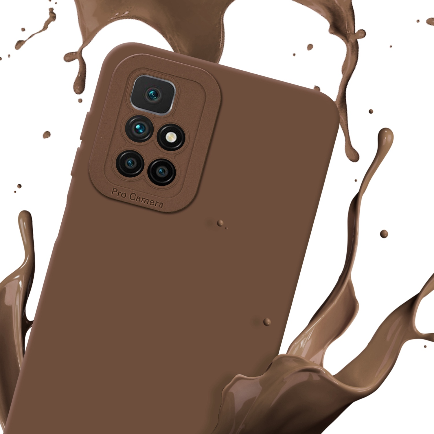 Custodia marrone per telefono con sporgenza della fotocamera e schizzi di liquido marrone intorno.