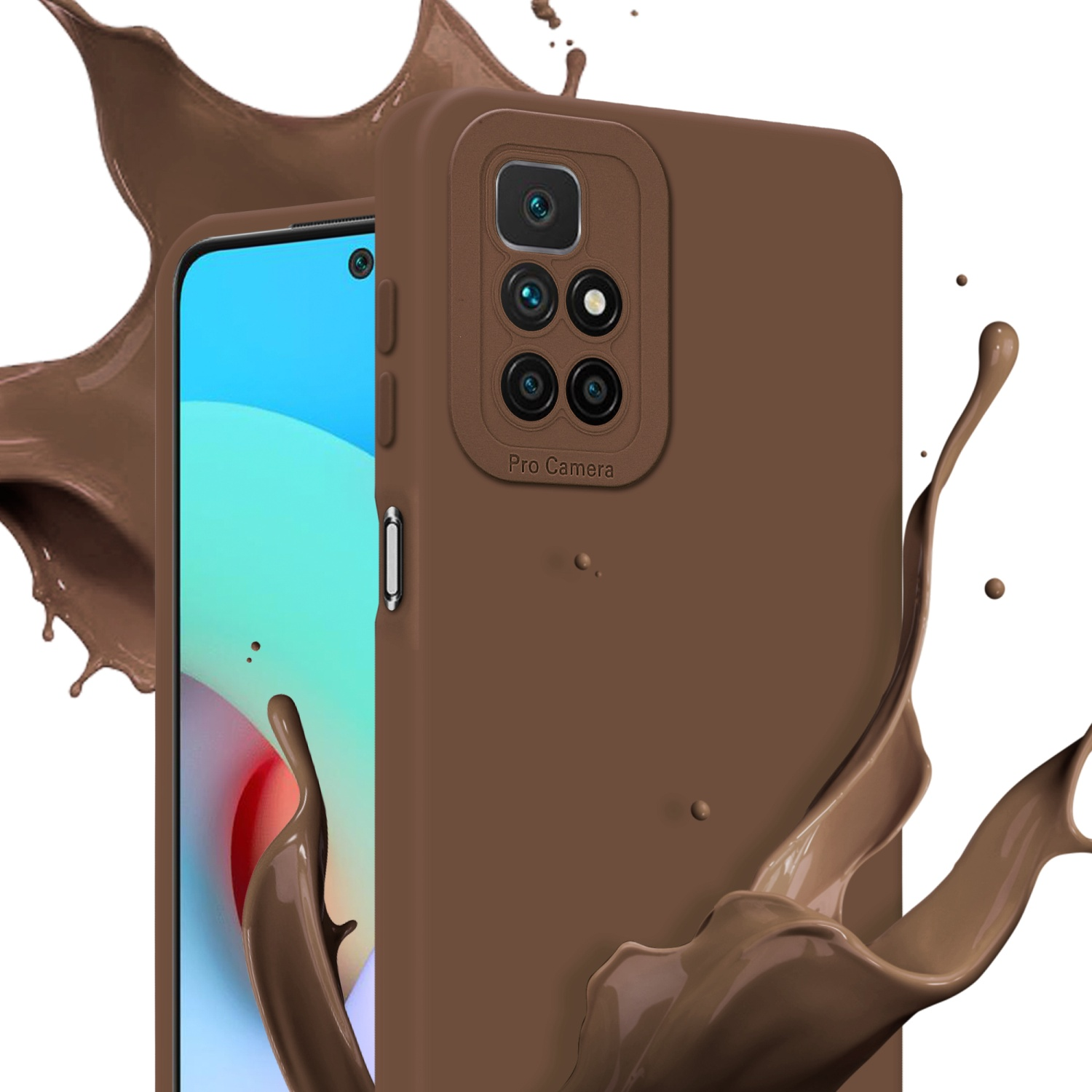 Una custodia marrone con uno spruzzo di liquido marrone. La custodia ha un design pro camera.