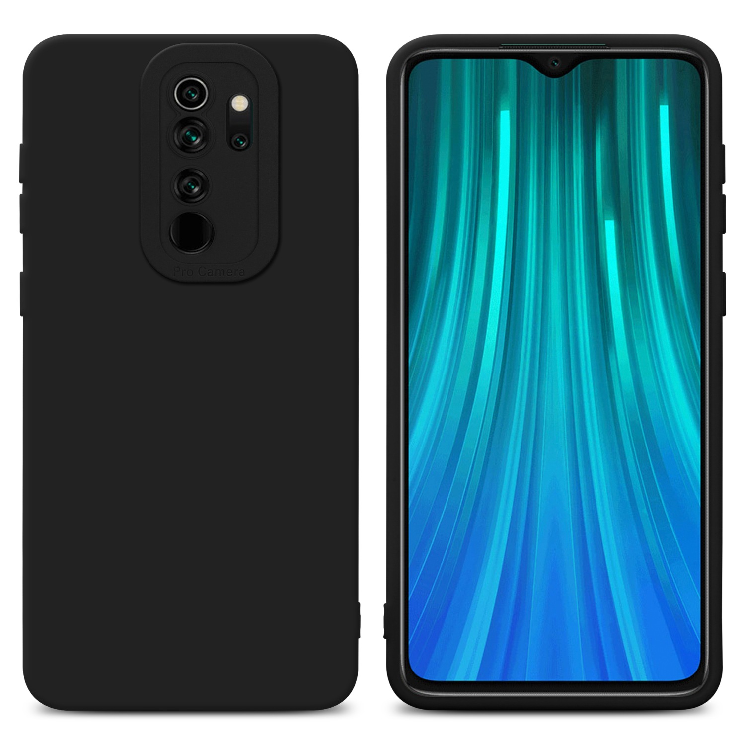 Custodia per telefono. Custodia nera con protezione fotocamera sul lato sinistro, schermo del telefono a destra.