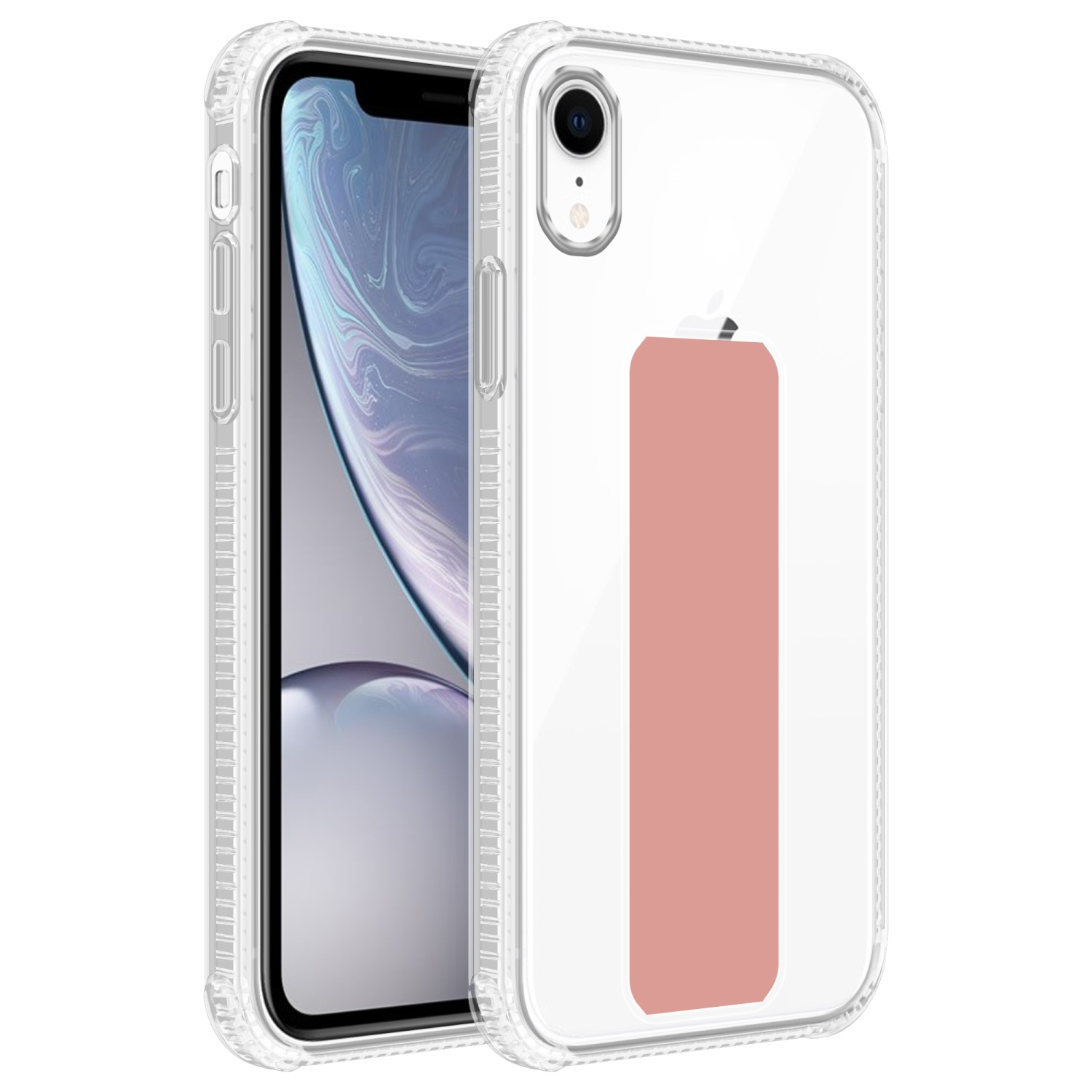Transparente Handyhülle mit rosa Rechteck. iPhone in der Hülle. Weißer Hintergrund.