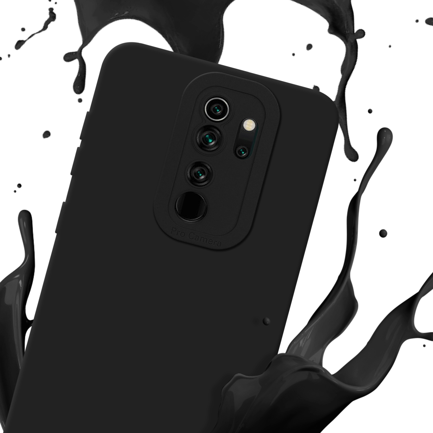 Custodia per telefono nera con schizzo di vernice nera. Fotocamere del telefono a fuoco. Sfondo bianco. Testo Pro Camera.