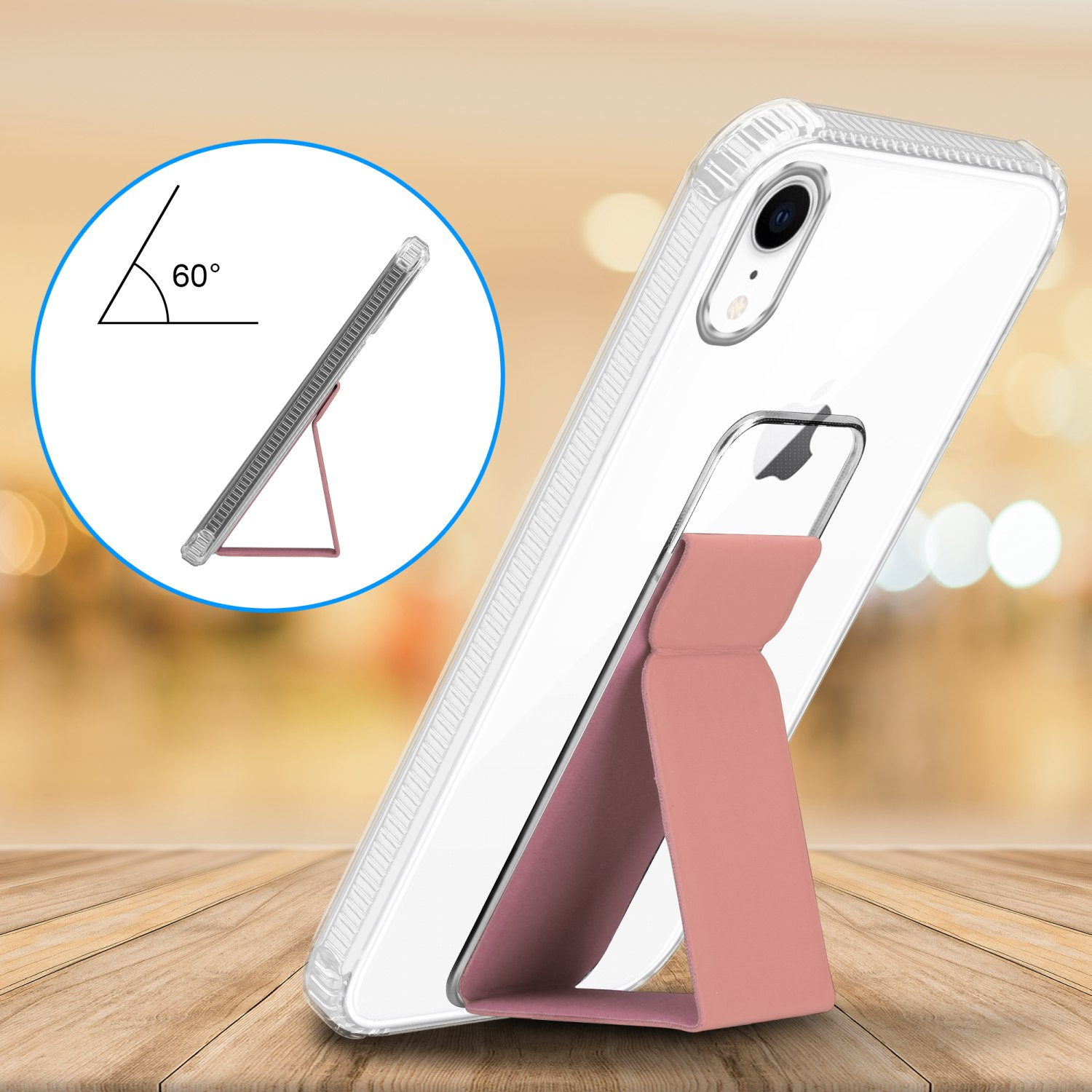 Ein Telefon in einer durchsichtigen Hülle mit einem rosa Ständer, der es in einem 60-Grad-Winkel stützt, Holztisch.