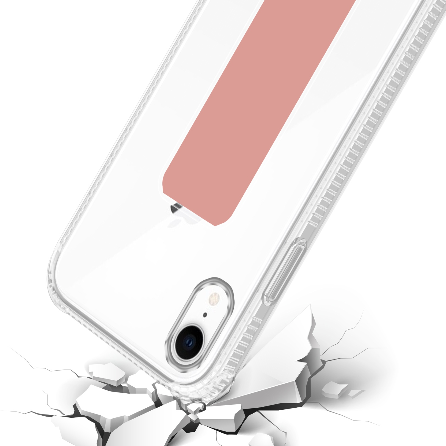 Telefon in klarer Hülle auf gerissener Oberfläche. Rosa Streifen auf der Hülle.
