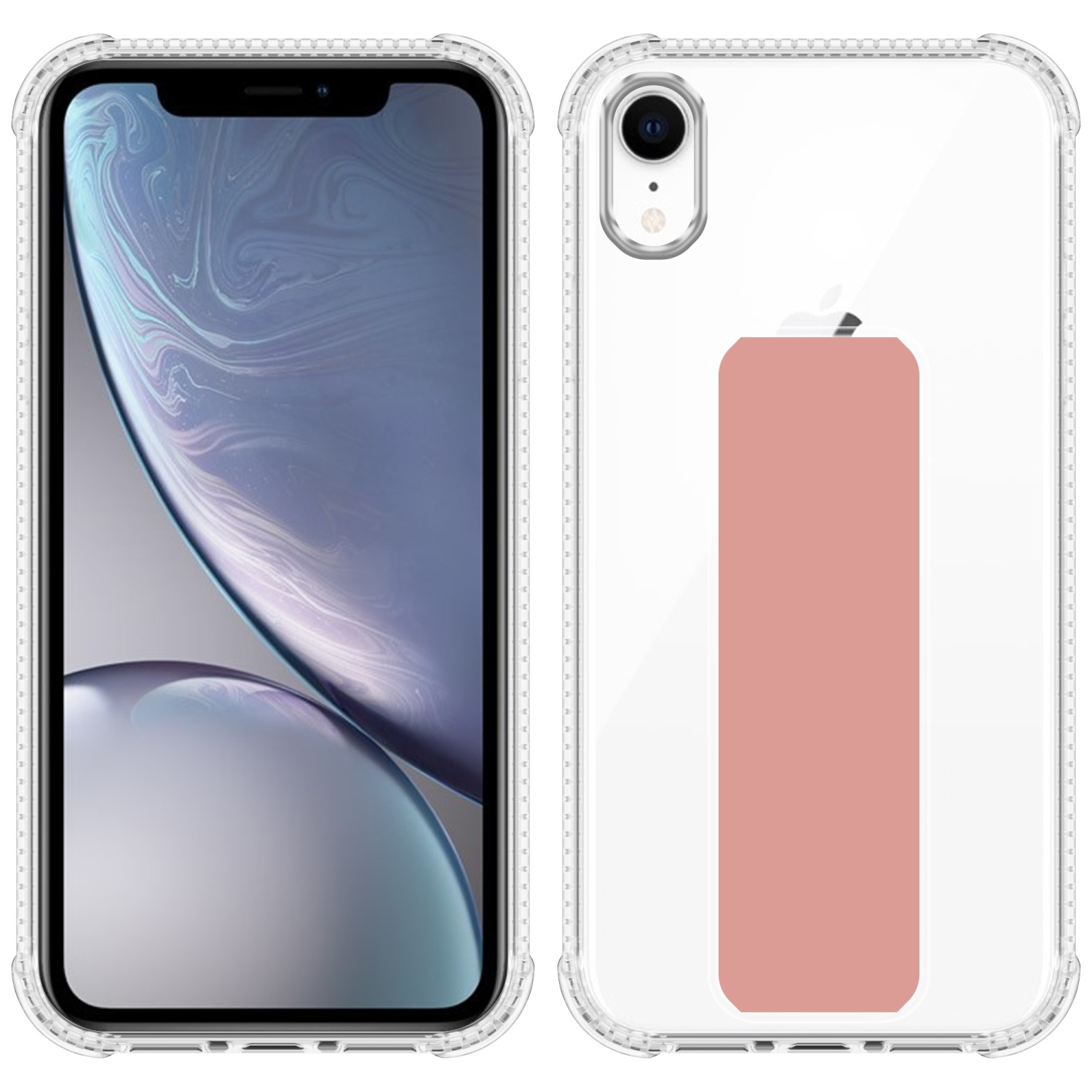 Zwei Telefone mit Hüllen. Eines ist eine transparente Hülle mit rosa Akzent, das andere zeigt den Bildschirm.