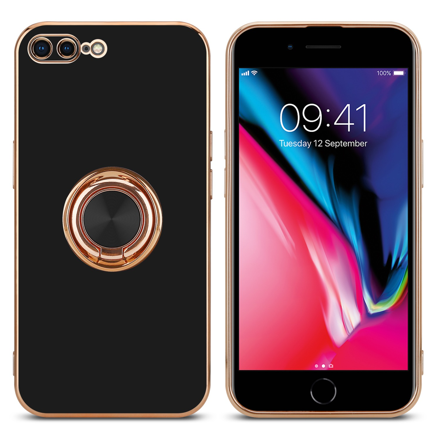 Schwarze Handyhülle mit goldenem Ringhalter. Der Telefonbildschirm ist an.