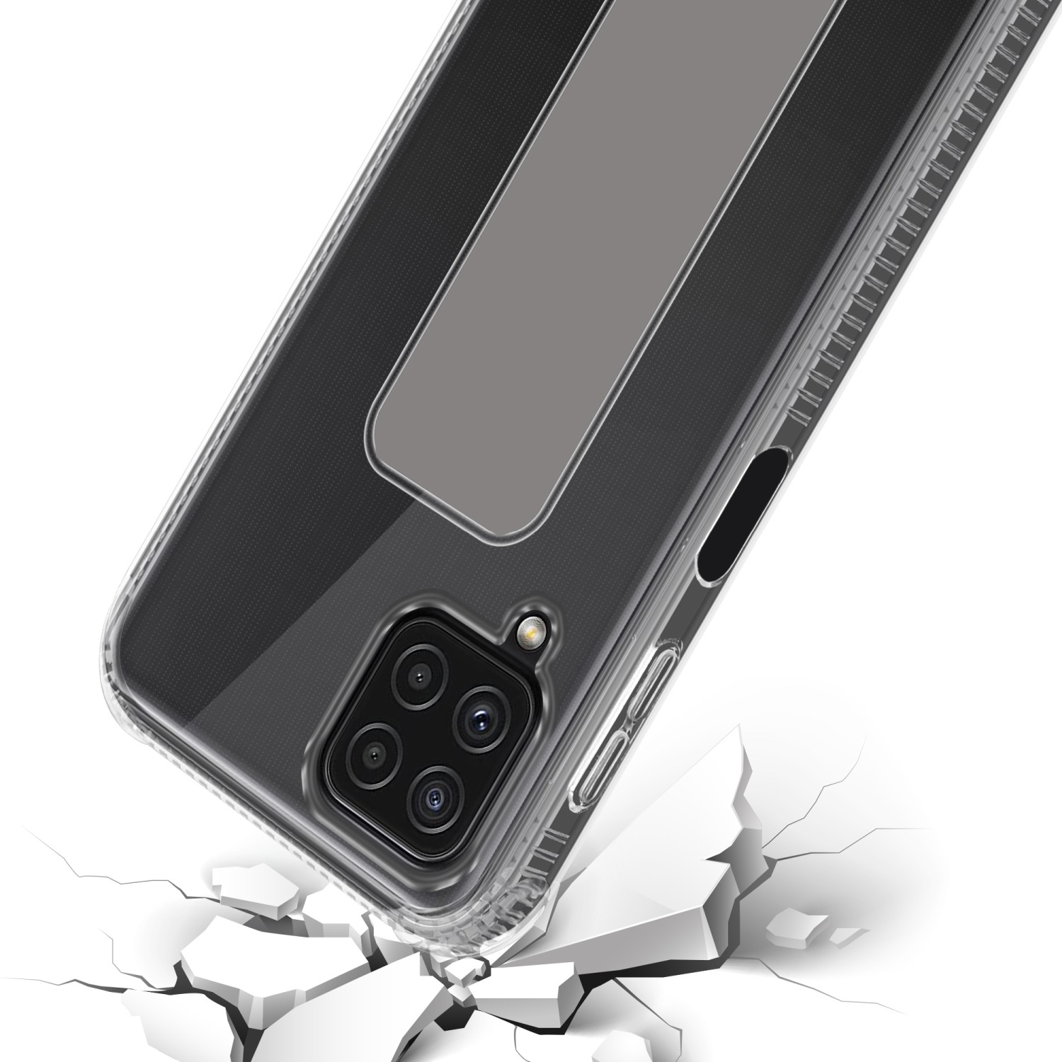 Eine transparente Handyhülle liegt auf einer zerbrochenen Oberfläche. Telefon hat schwarze Rückseite.