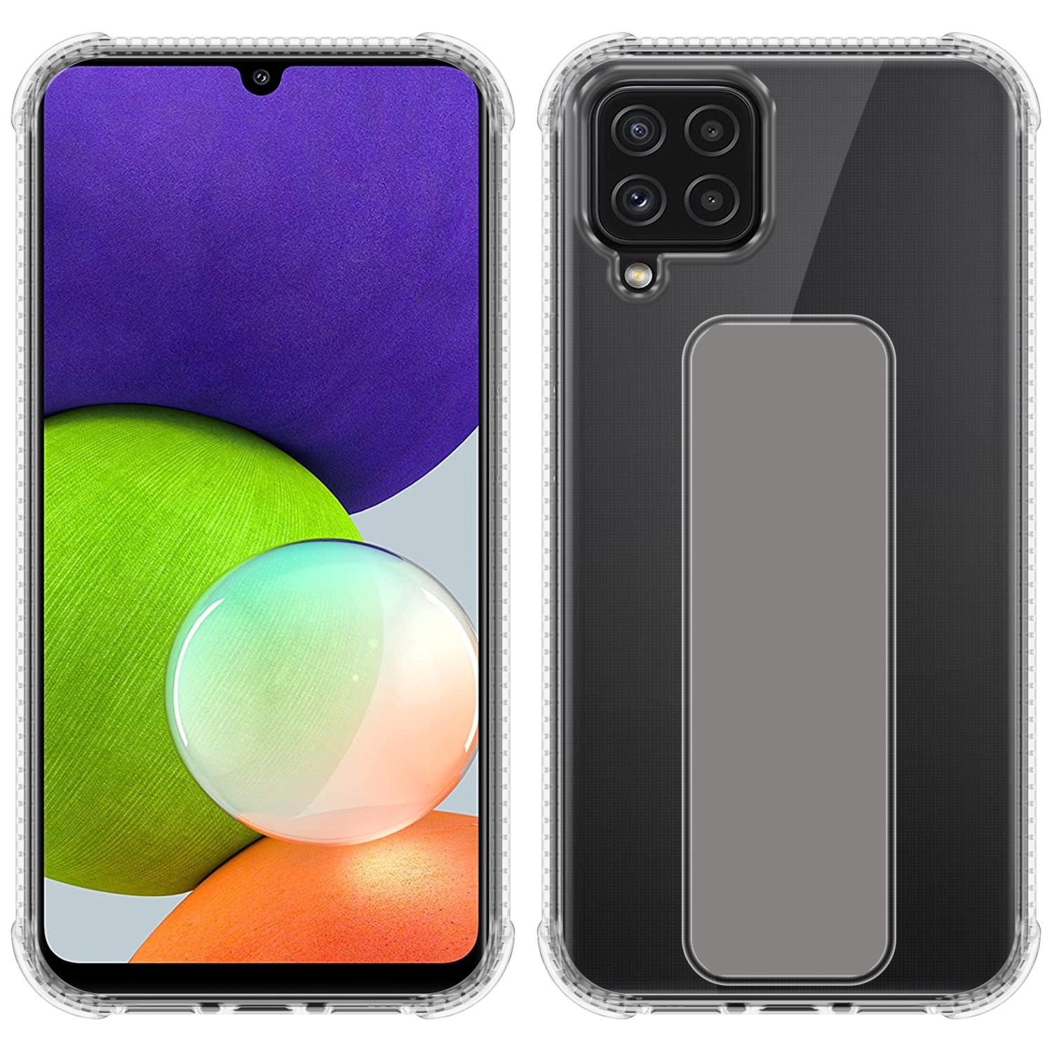 Zwei Ansichten der Handyhülle auf einem Telefon. Klare Hülle mit schwarzer Rückseite.