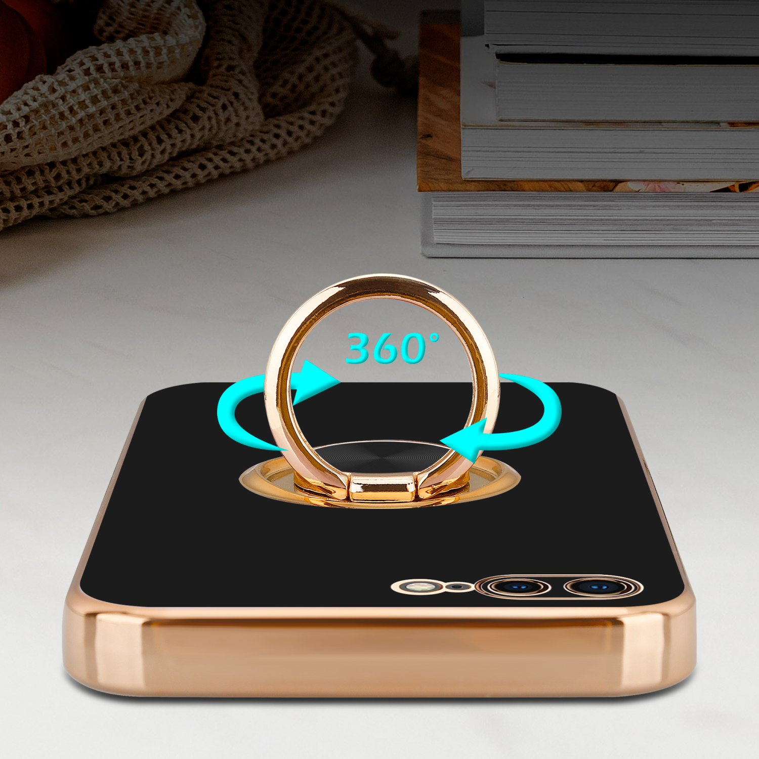 Eine Handyhülle mit Ring wird gezeigt, mit Pfeilen, die eine 360°-Drehung anzeigen. Die Hülle ist schwarz.