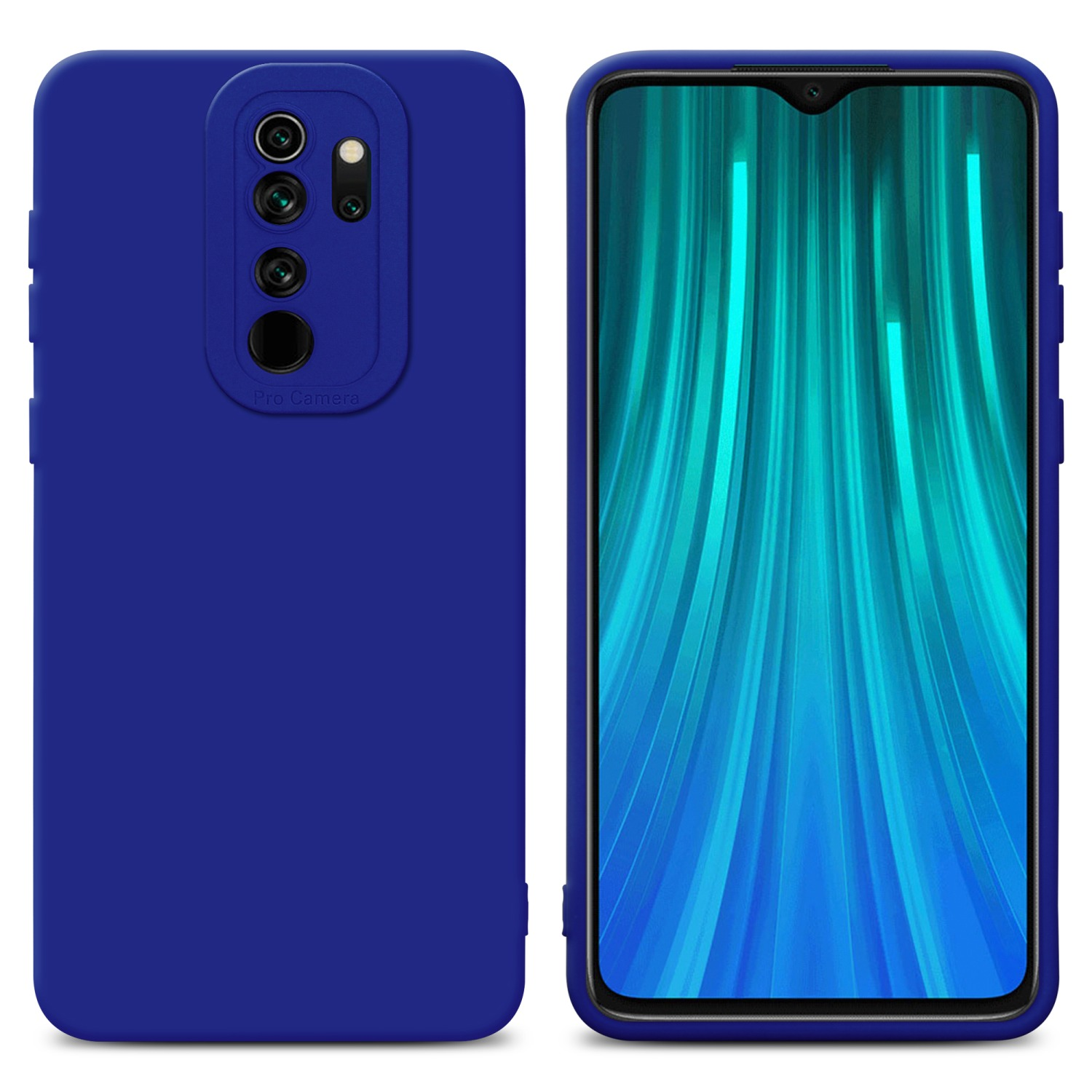 Custodia blu con telefono all'interno, che mostra retro e fronte, fianco a fianco.