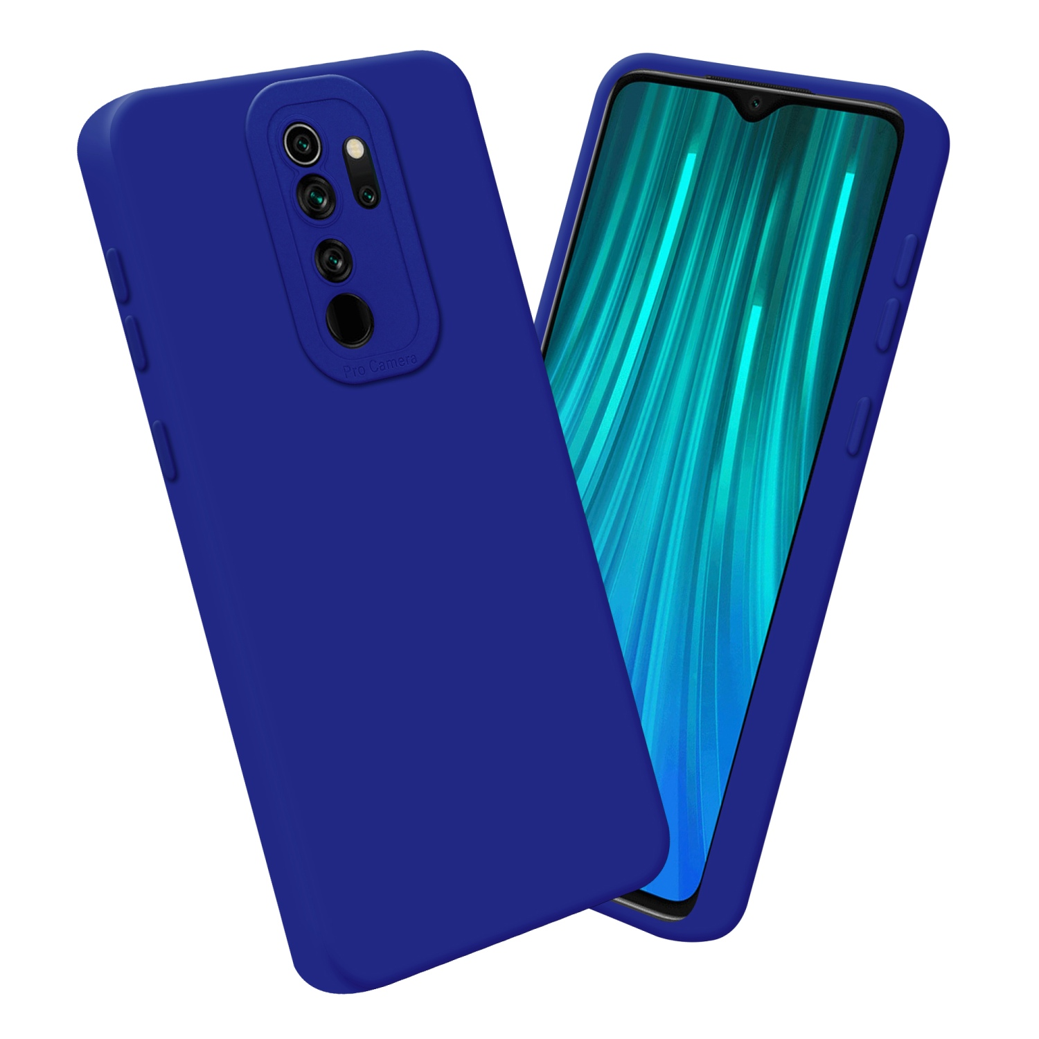Custodia blu per telefono con sporgenza della fotocamera, vista frontale.