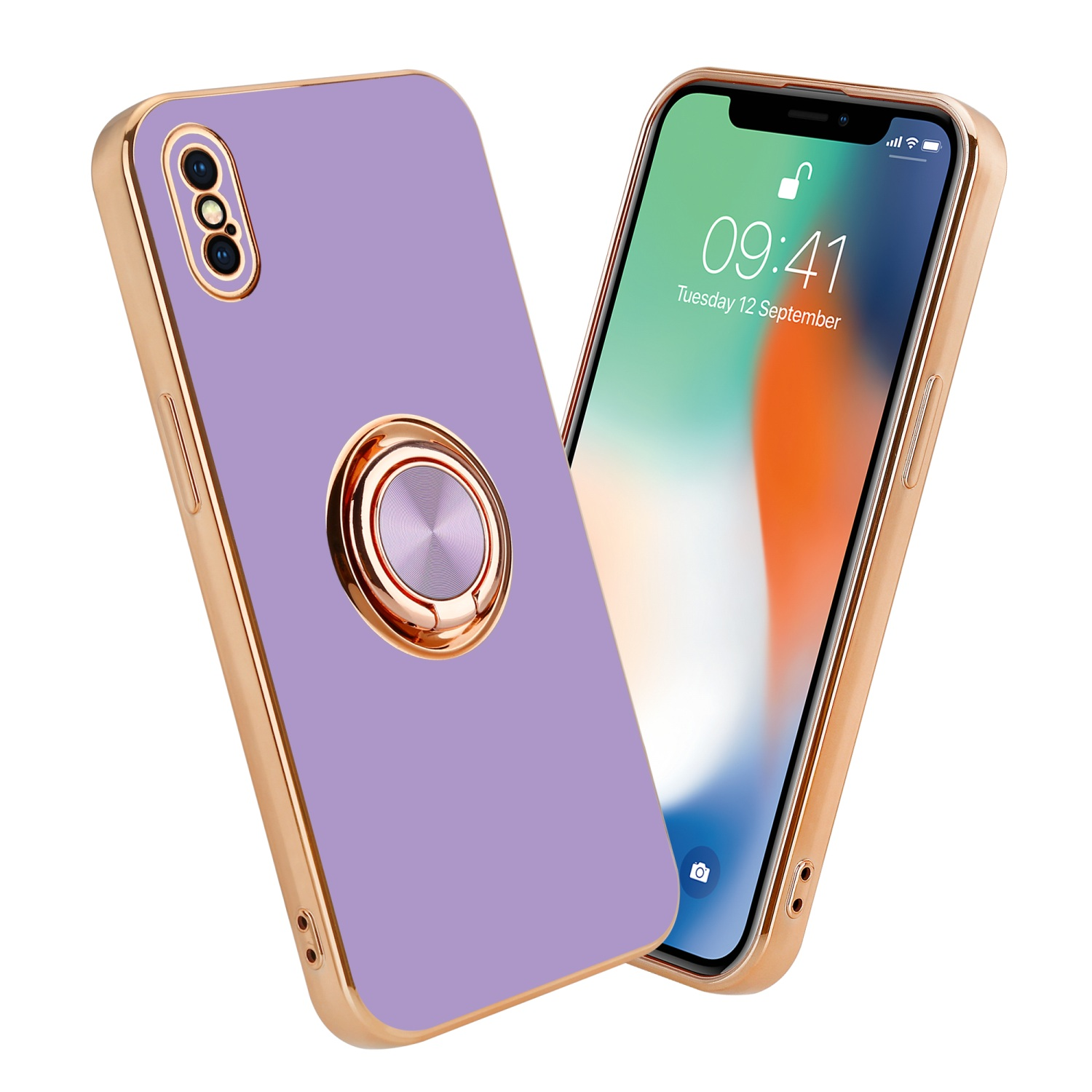Lila Handyhülle mit goldenem Ring und goldenem Besatz, mit einem Telefon rechts. Das Display zeigt die Uhrzeit.