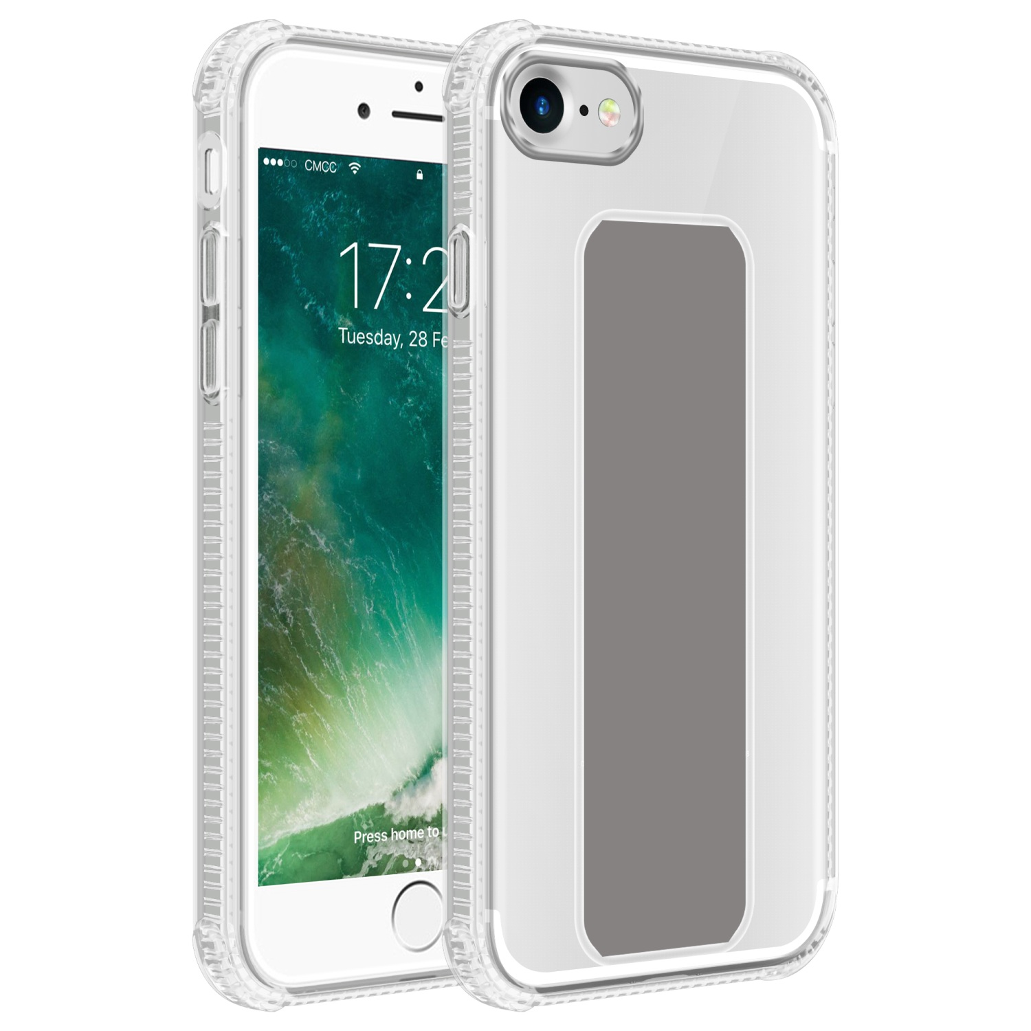 Eine transparente Handyhülle auf einem iPhone. Die Hülle hat einen grauen Einsatz.