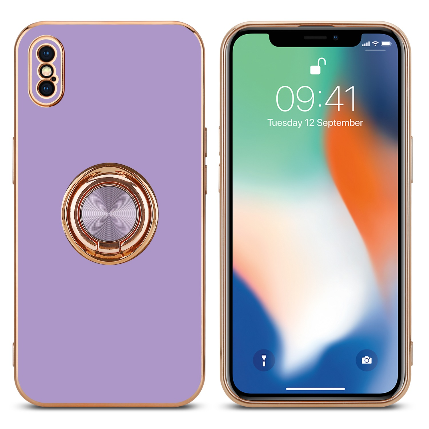 Lila Handyhülle mit goldenem Rahmen und Ringhalter, neben dem Telefon mit angezeigter Uhrzeit.