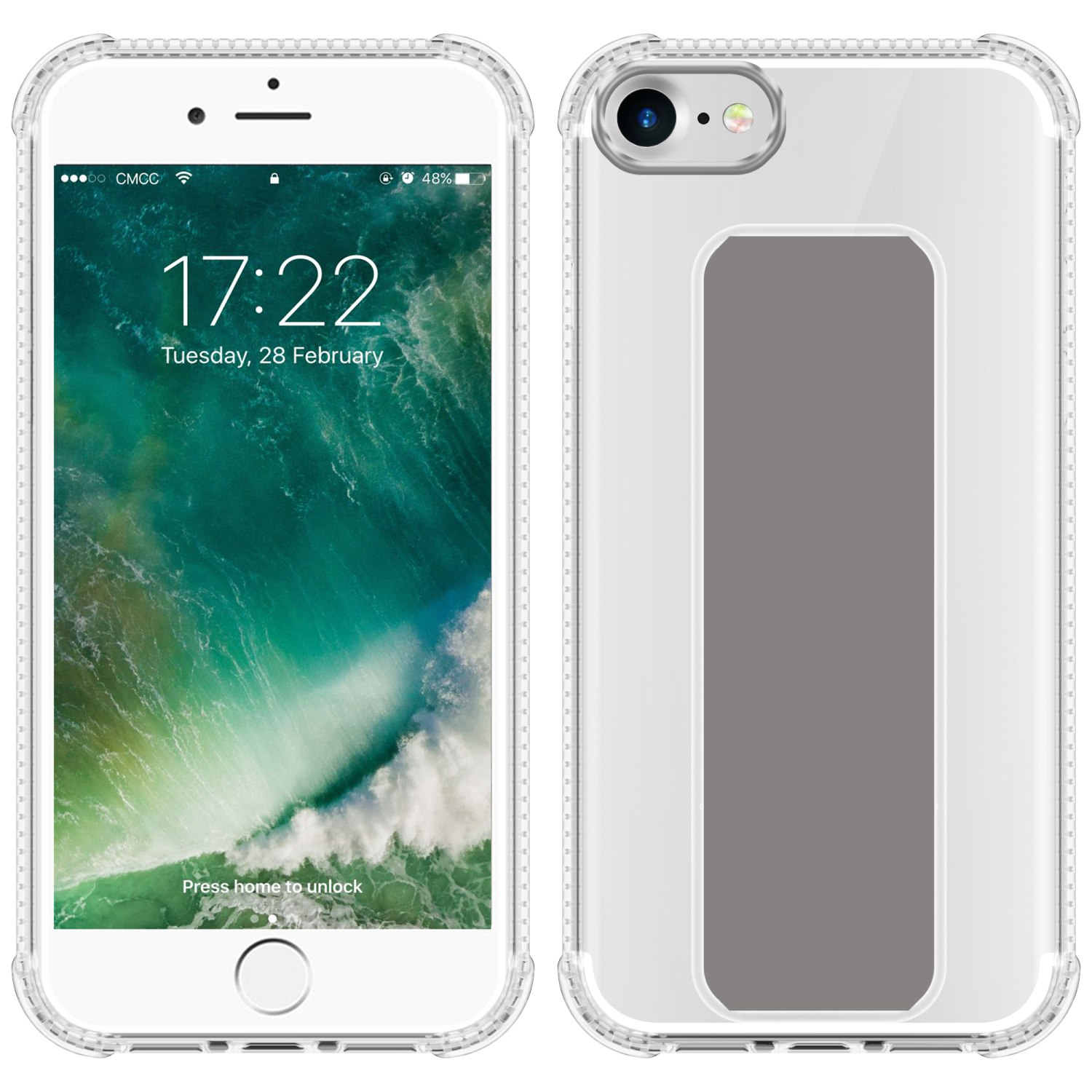 Zwei Telefone, eines mit transparentem Gehäuse. Die Uhrzeit ist 17:22, mit grünem Hintergrund.