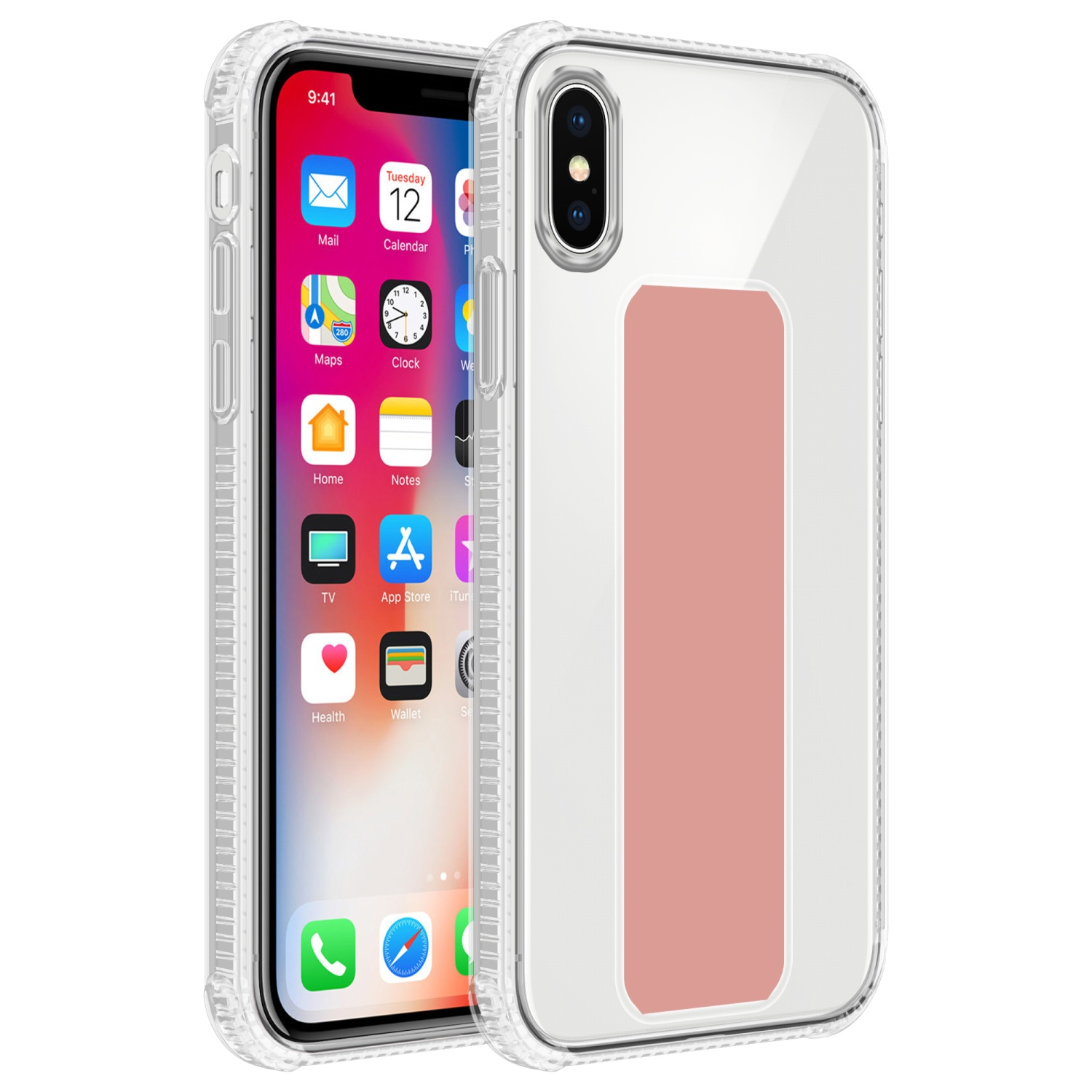 Transparente Handyhülle mit einem rosafarbenen Rechteck. Ein Telefon mit Apps befindet sich darin.