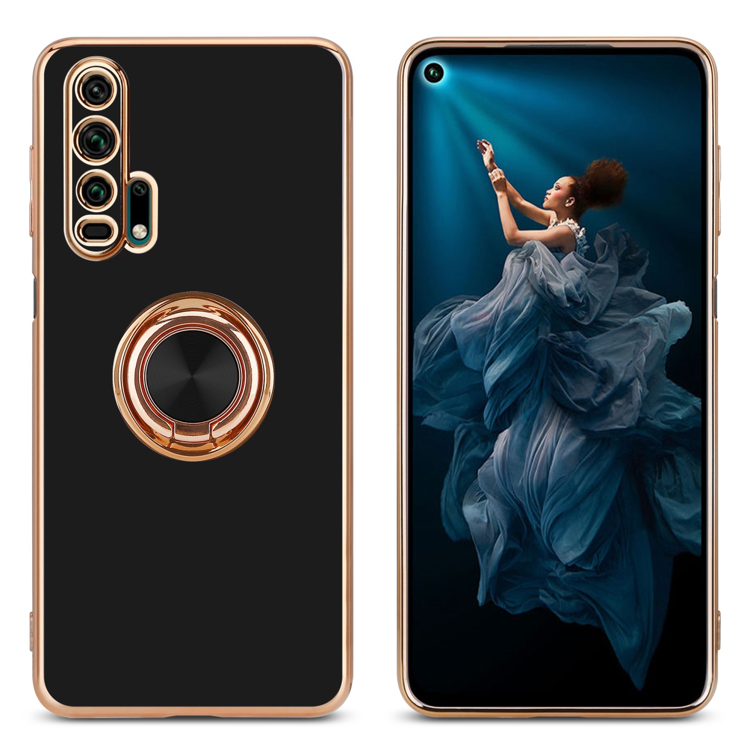 Schwarze Handyhülle mit goldenem Rahmen und Ringhalter. Telefonbildschirm zeigt Frau in blauem Kleid.