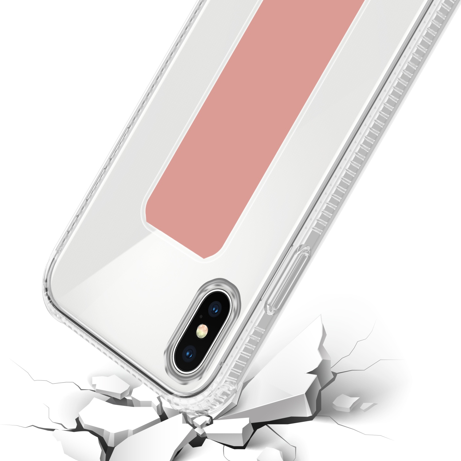 Transparente Handyhülle mit rosa Streifen, rissiger Boden. Die Handyhülle scheint zu fallen.
