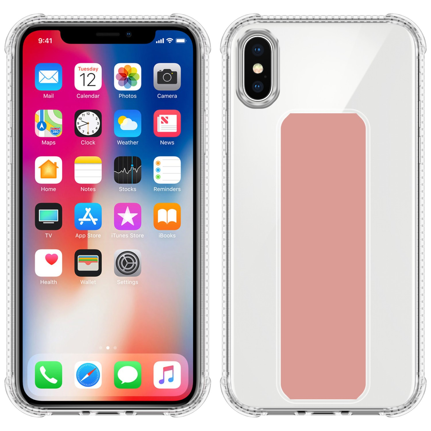 Ein Telefon mit Homescreen und Apps. Rechts eine transparente Hülle mit pinkem Rechteck.
