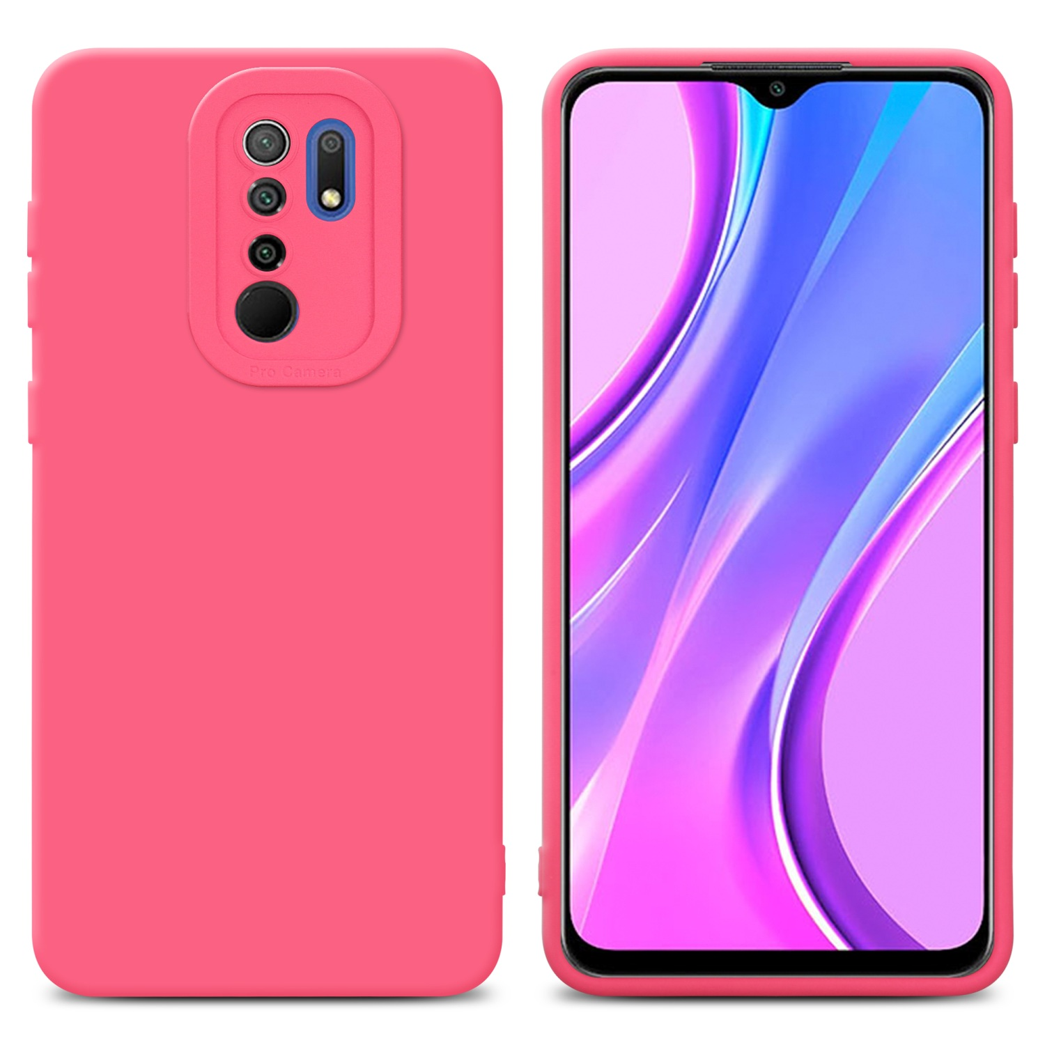Custodia per telefono rosa con telefono su sfondo bianco. Ha un rilievo per la fotocamera.