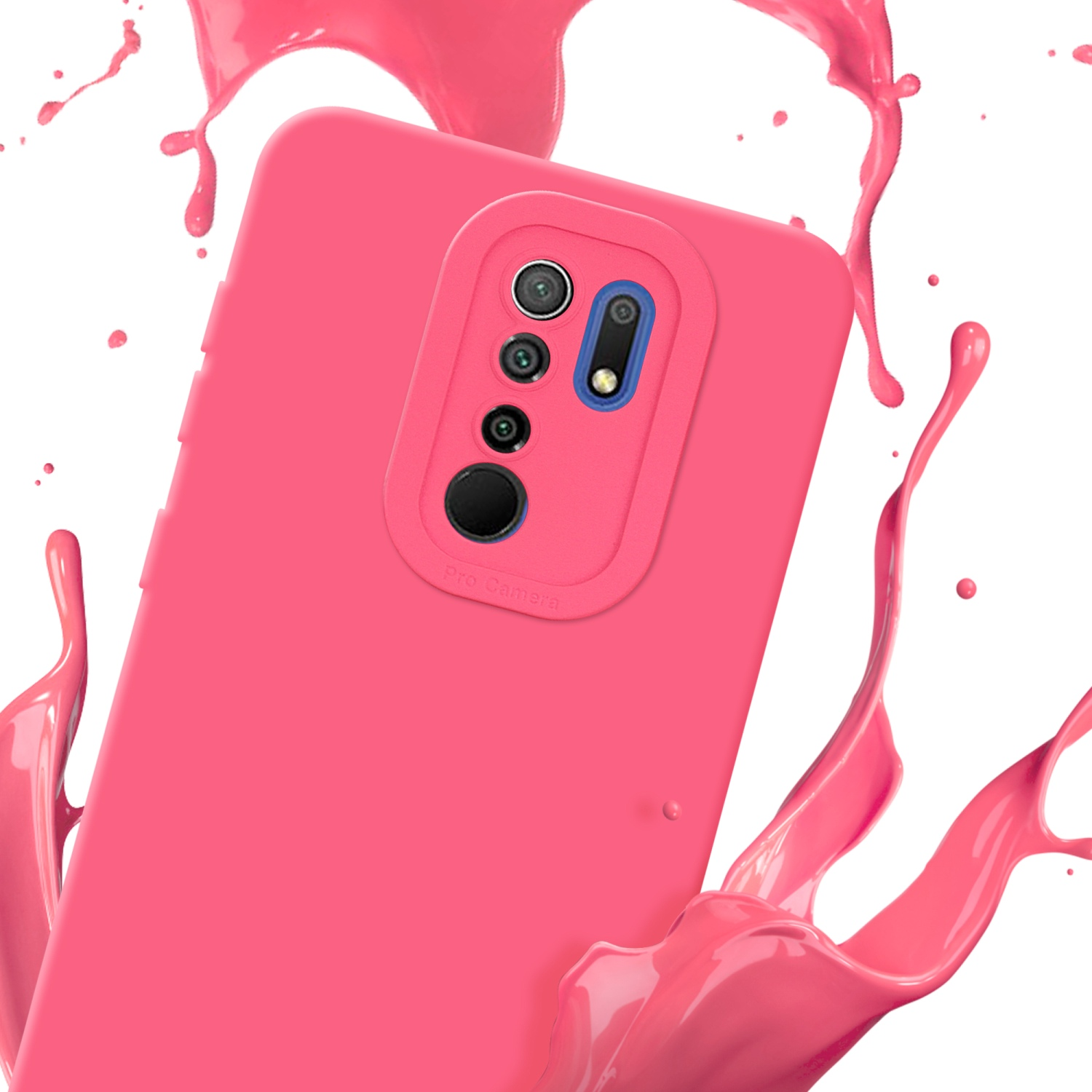 Custodia rosa per telefono con ritagli per fotocamera. Schizzi di liquido rosa sullo sfondo. Sfondo bianco.