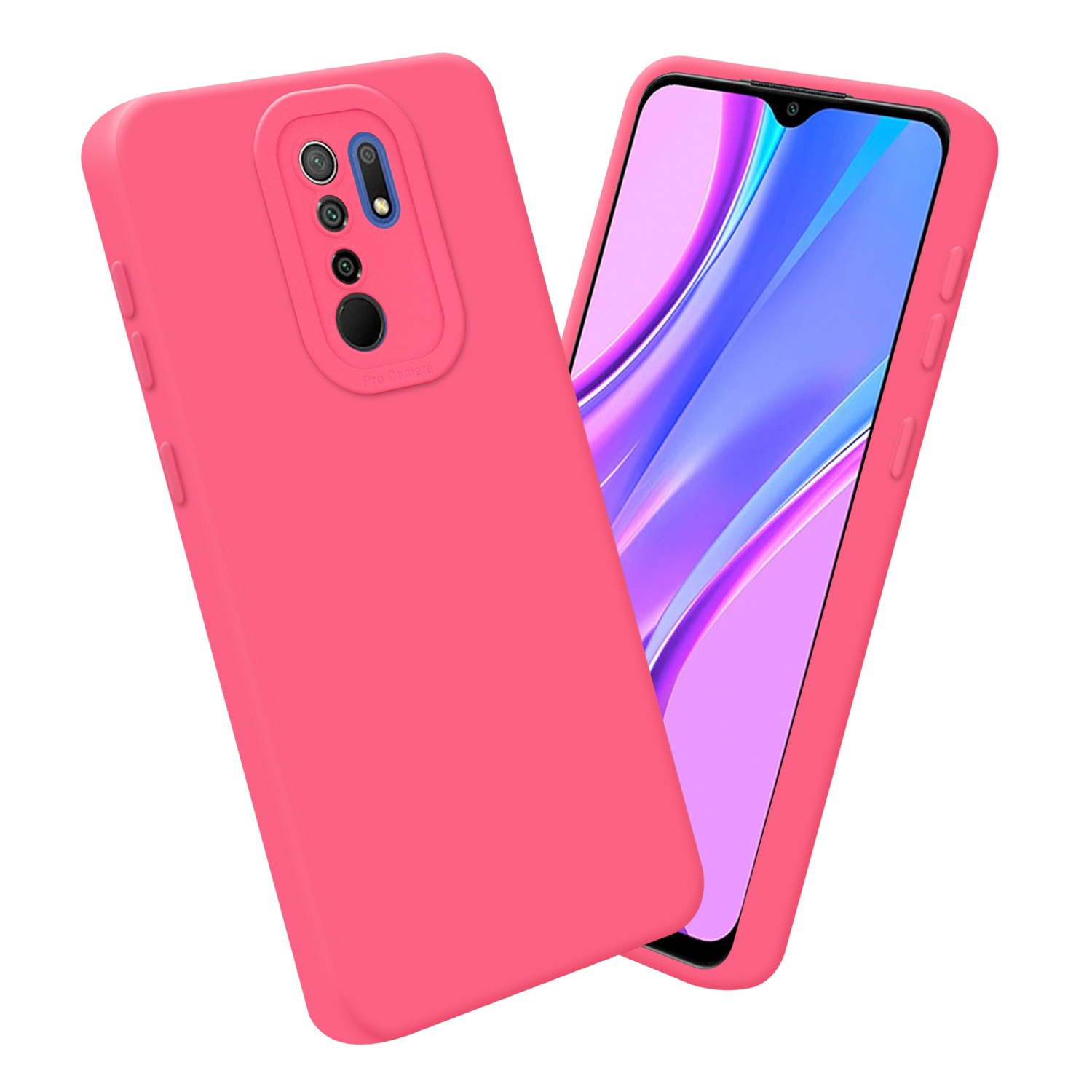 Custodia rosa con telefono. Lo schermo del telefono è visibile.