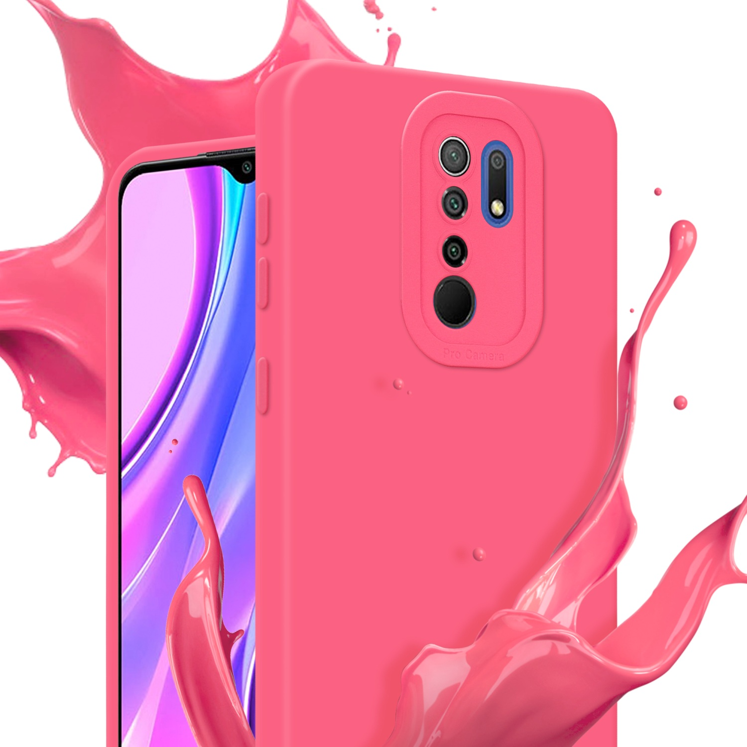 Custodia rosa per telefono con modulo fotocamera, schizzo di vernice rosa su sfondo bianco.